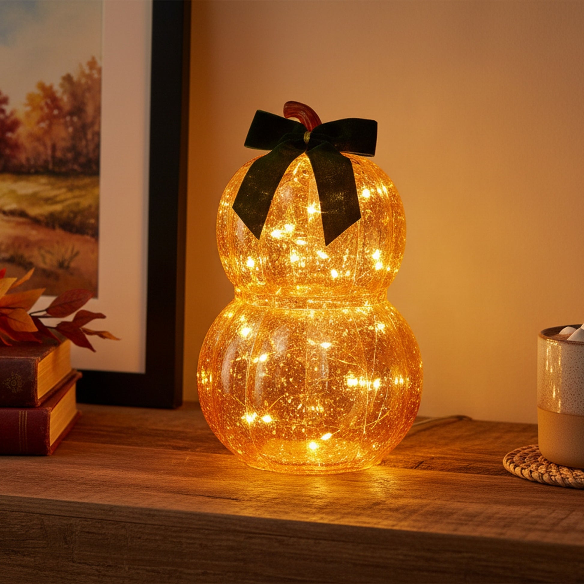 8.9" LED Glass Double Pumpkin with Velvet Bow Orange, Fall Harvest, Holiday Decor
