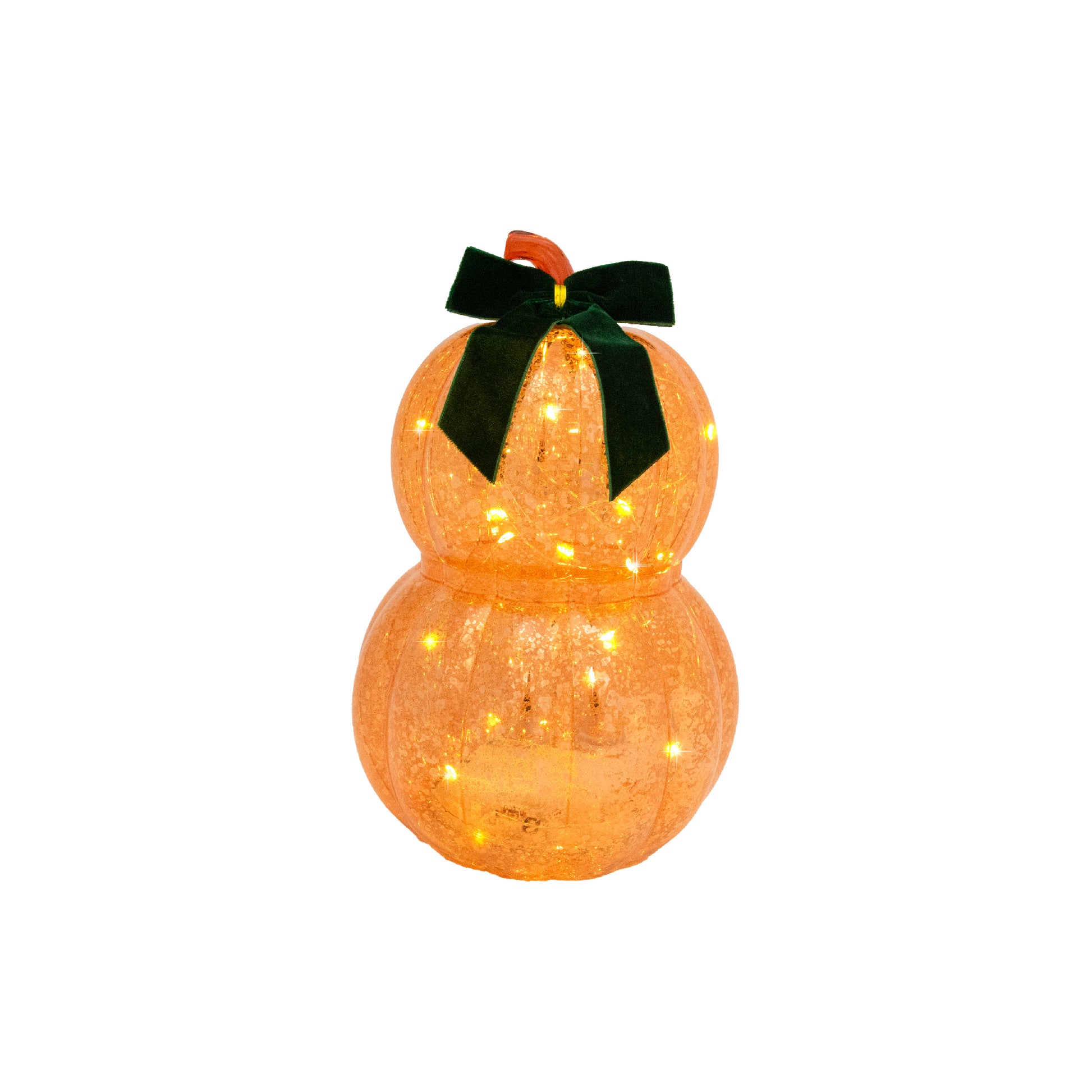 8.9" LED Glass Double Pumpkin with Velvet Bow Orange, Fall Harvest, Holiday Decor
