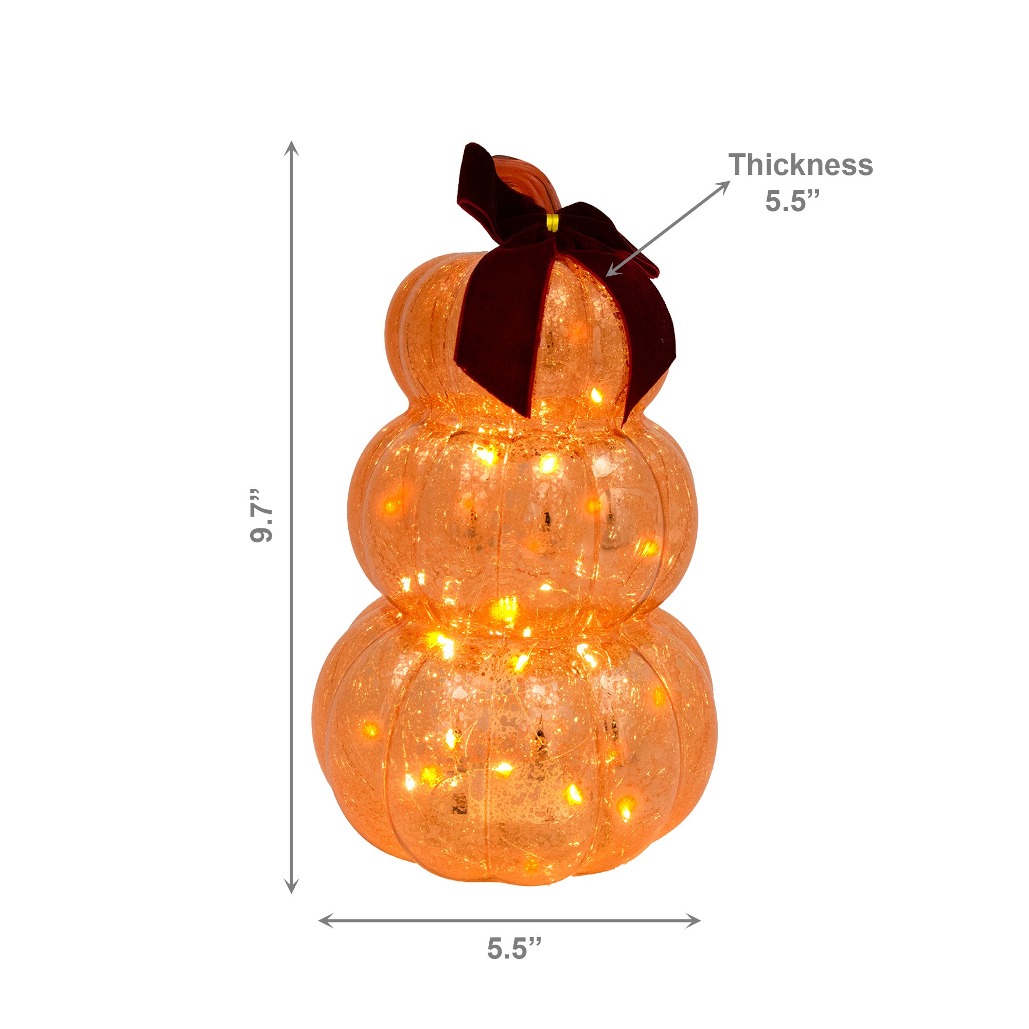 9.7" LED Glass Triple Pumpkin with Velvet Bow Orange, Fall Harvest, Holiday Decor