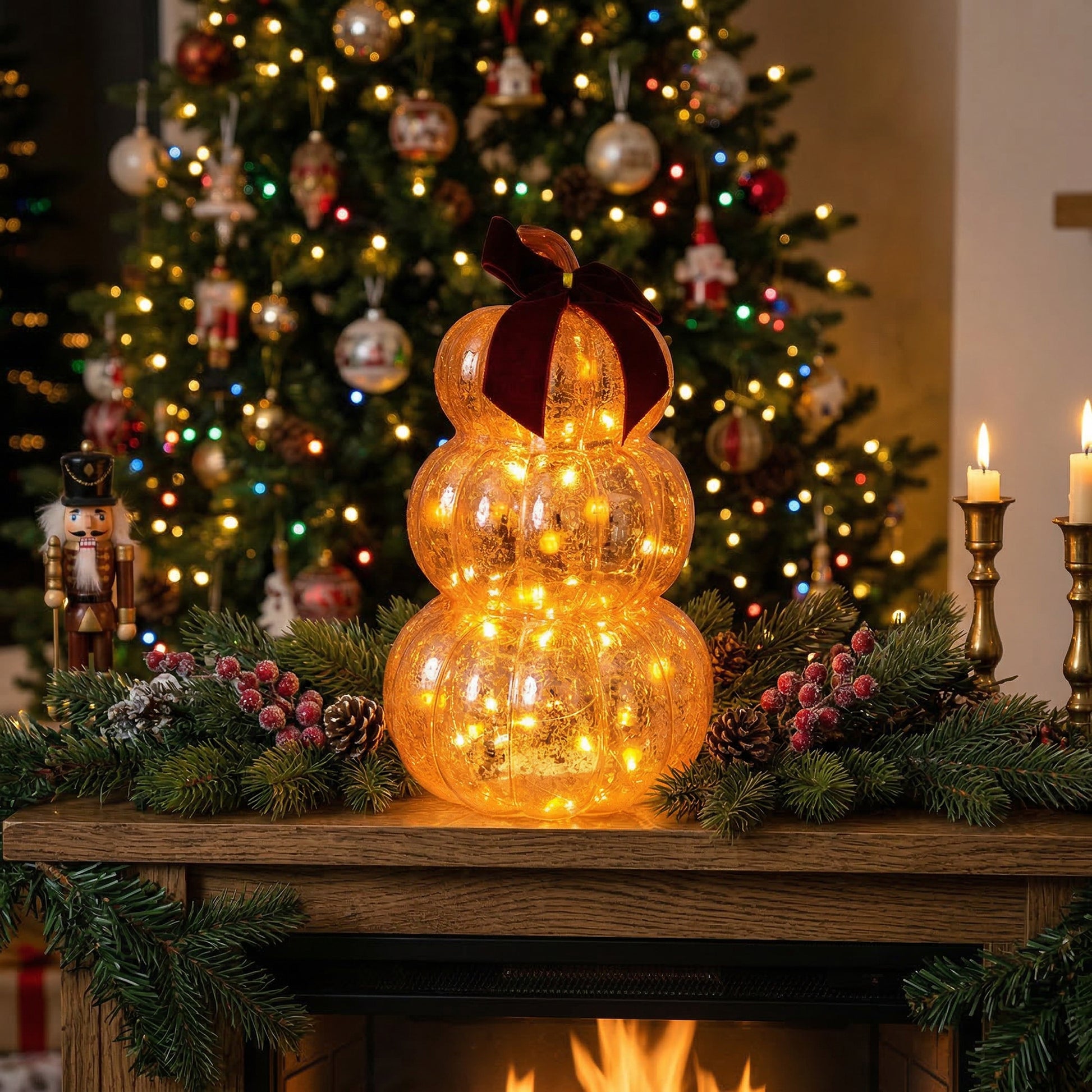 9.7" LED Glass Triple Pumpkin with Velvet Bow Orange, Fall Harvest, Holiday Decor