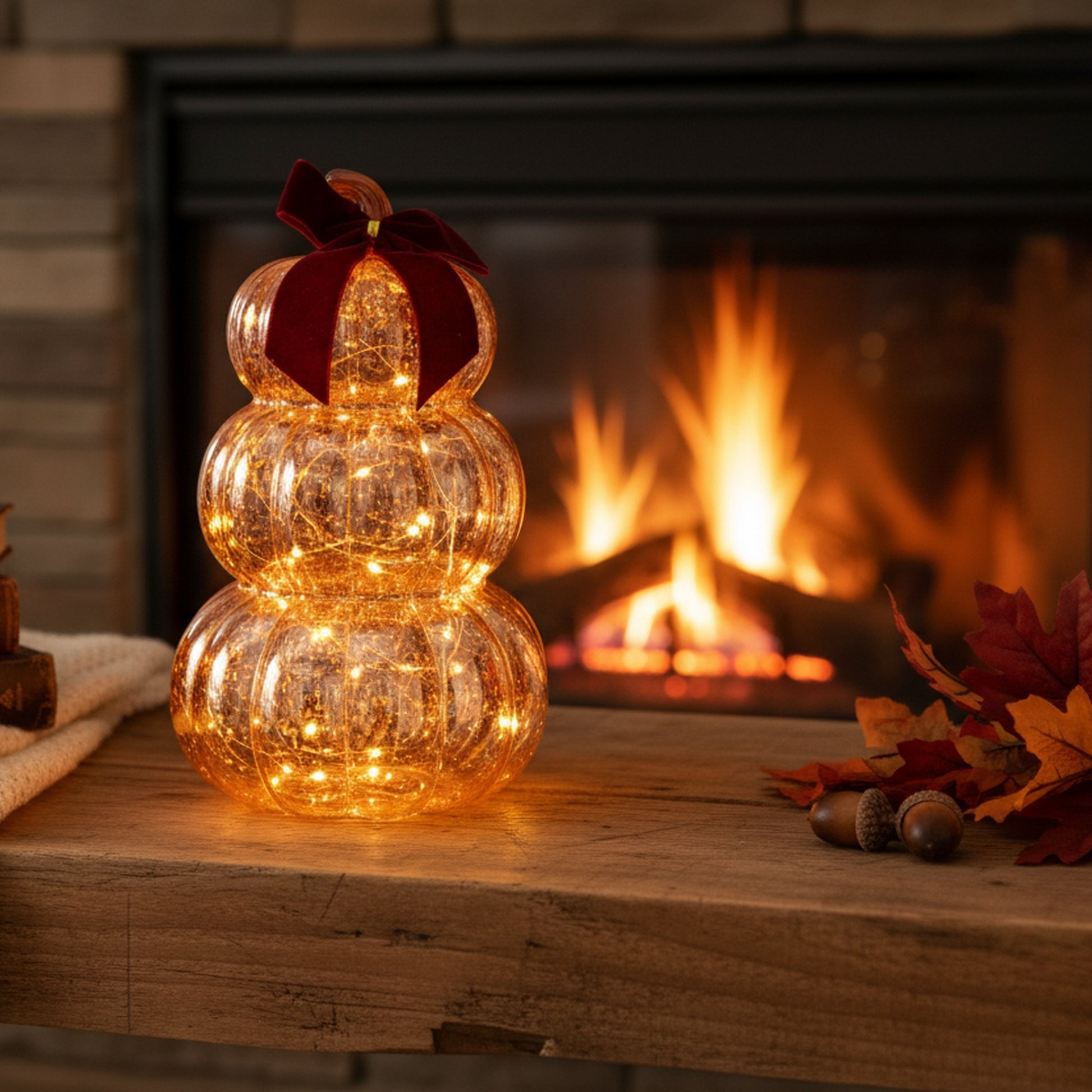 9.7" LED Glass Triple Pumpkin with Velvet Bow Orange, Fall Harvest, Holiday Decor