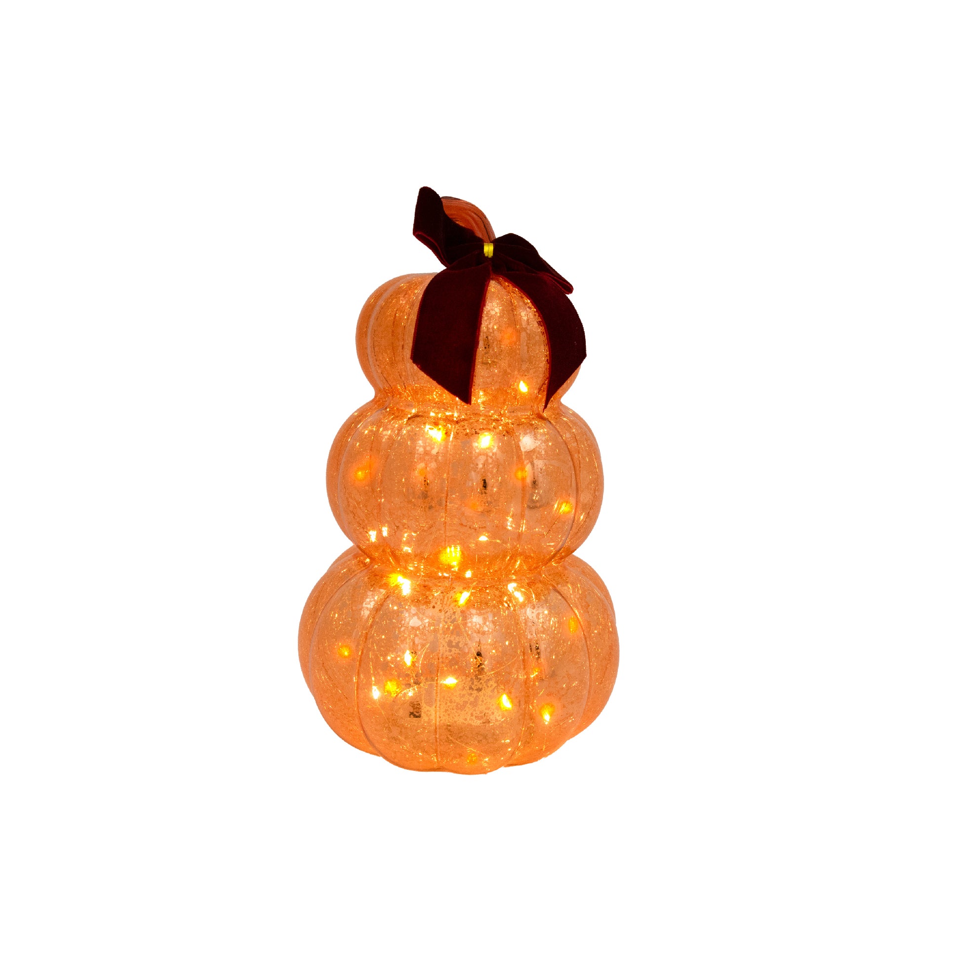 9.7" LED Glass Triple Pumpkin with Velvet Bow Orange, Fall Harvest, Holiday Decor