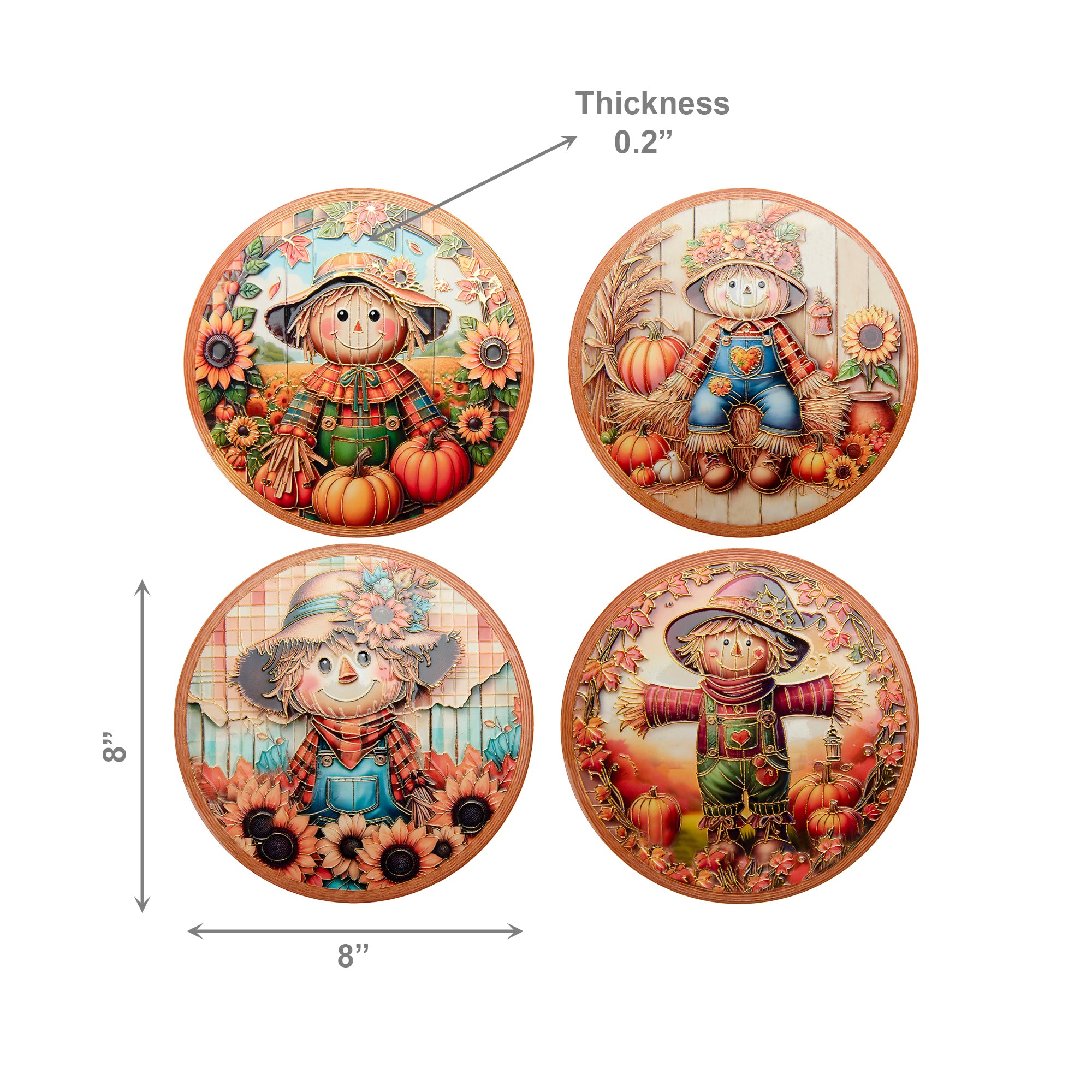 8" Round Ceramic Trivet with Gold Foil Scarecrow Assorted, Fall Harvest, Holiday Decor- Set of 4