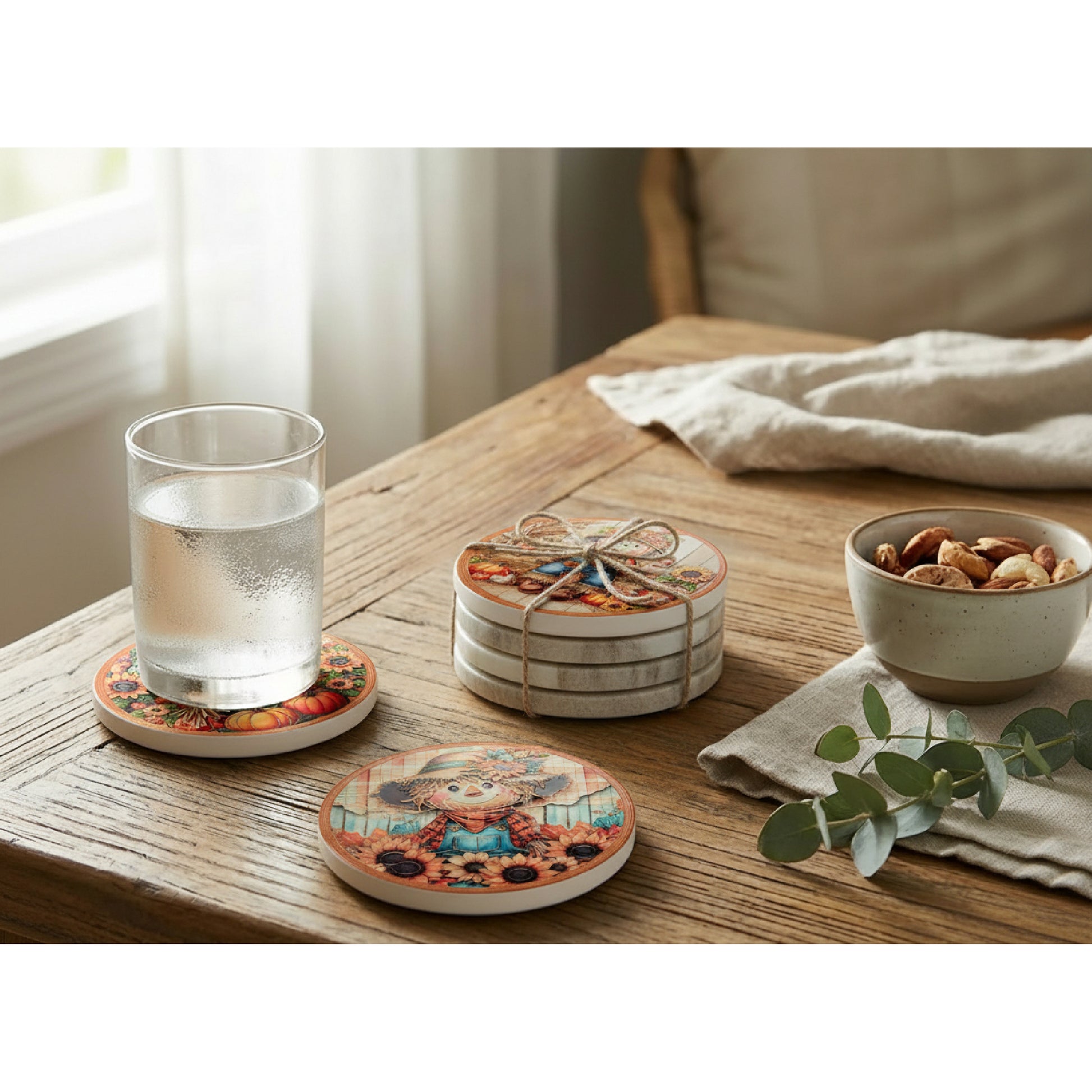 8" Round Ceramic Trivet with Gold Foil Scarecrow Assorted, Fall Harvest, Holiday Decor- Set of 4