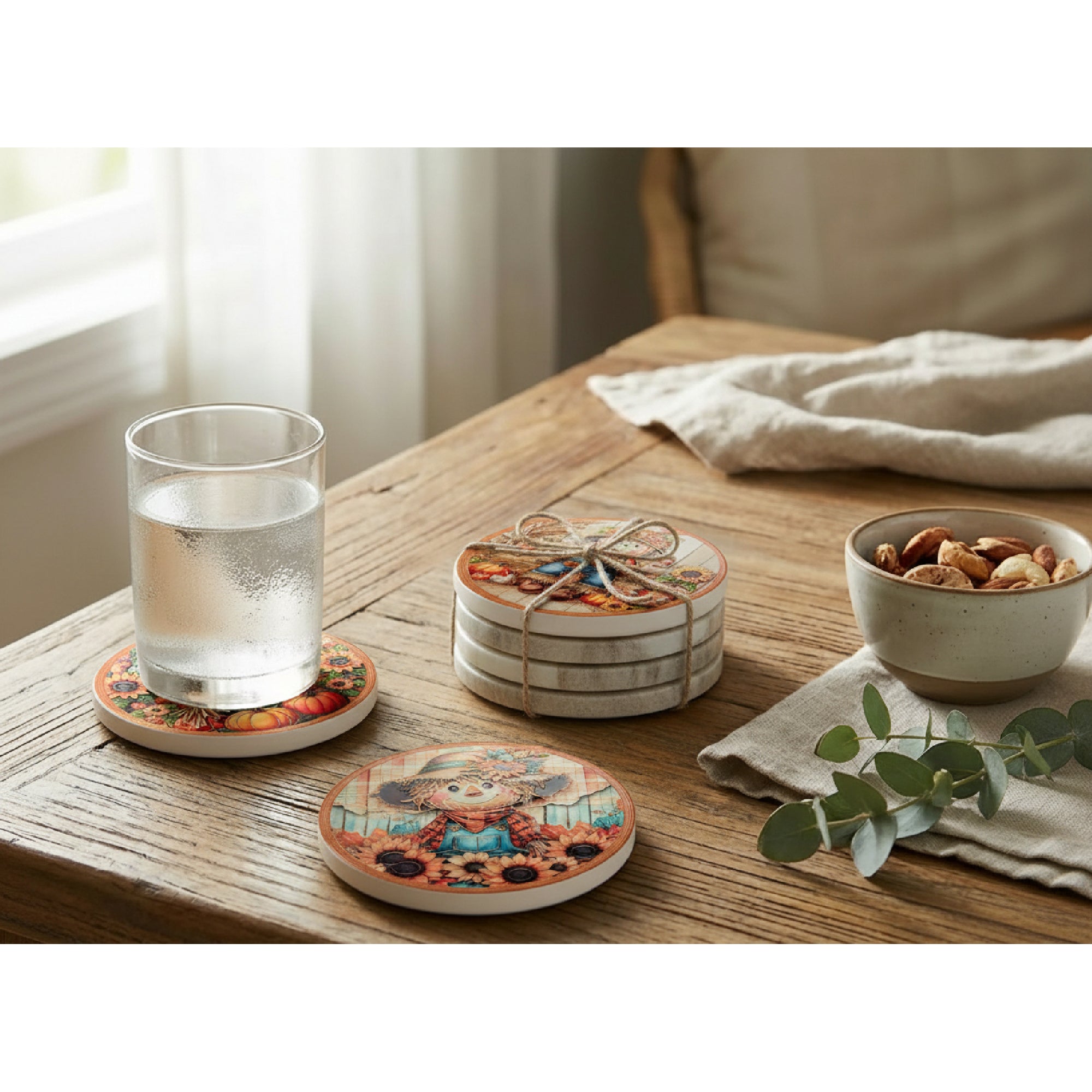 8" Round Ceramic Trivet with Gold Foil Scarecrow Assorted, Fall Harvest, Holiday Decor- Set of 4