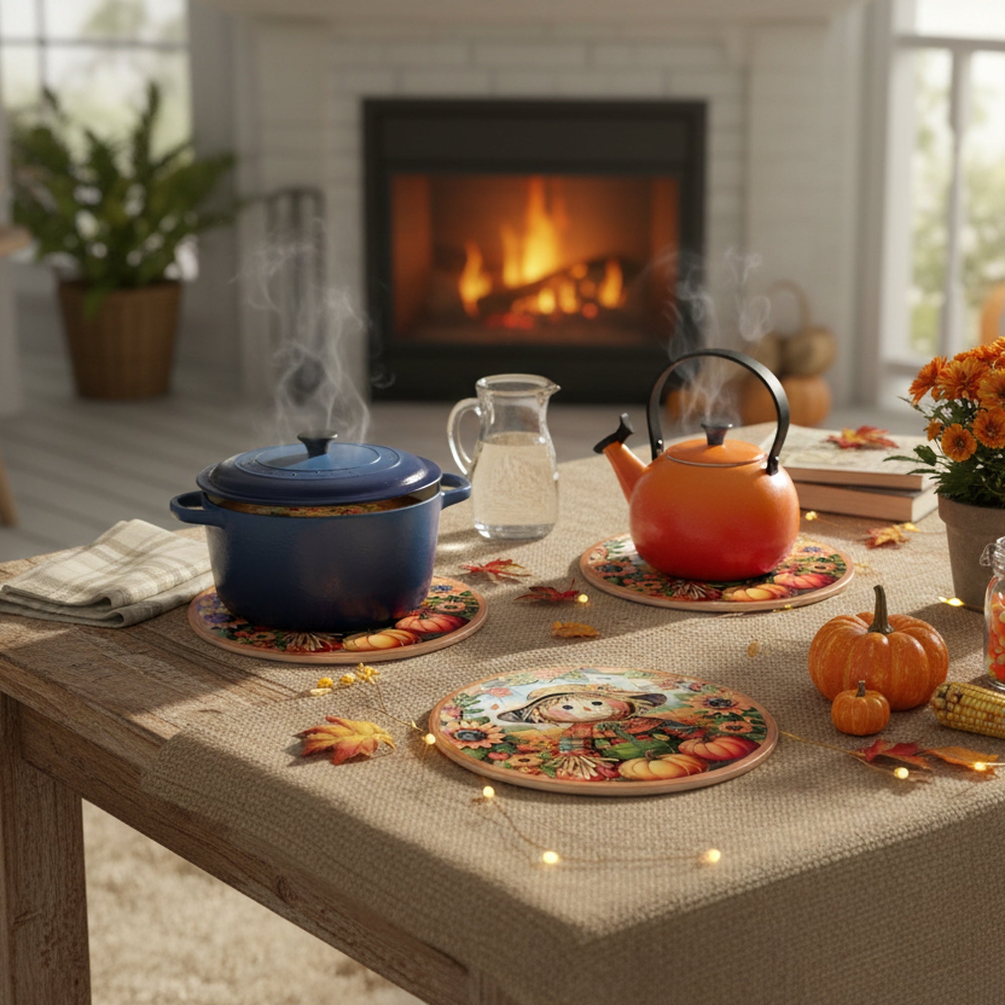 8" Round Ceramic Trivet with Gold Foil Scarecrow Assorted, Fall Harvest, Holiday Decor- Set of 4