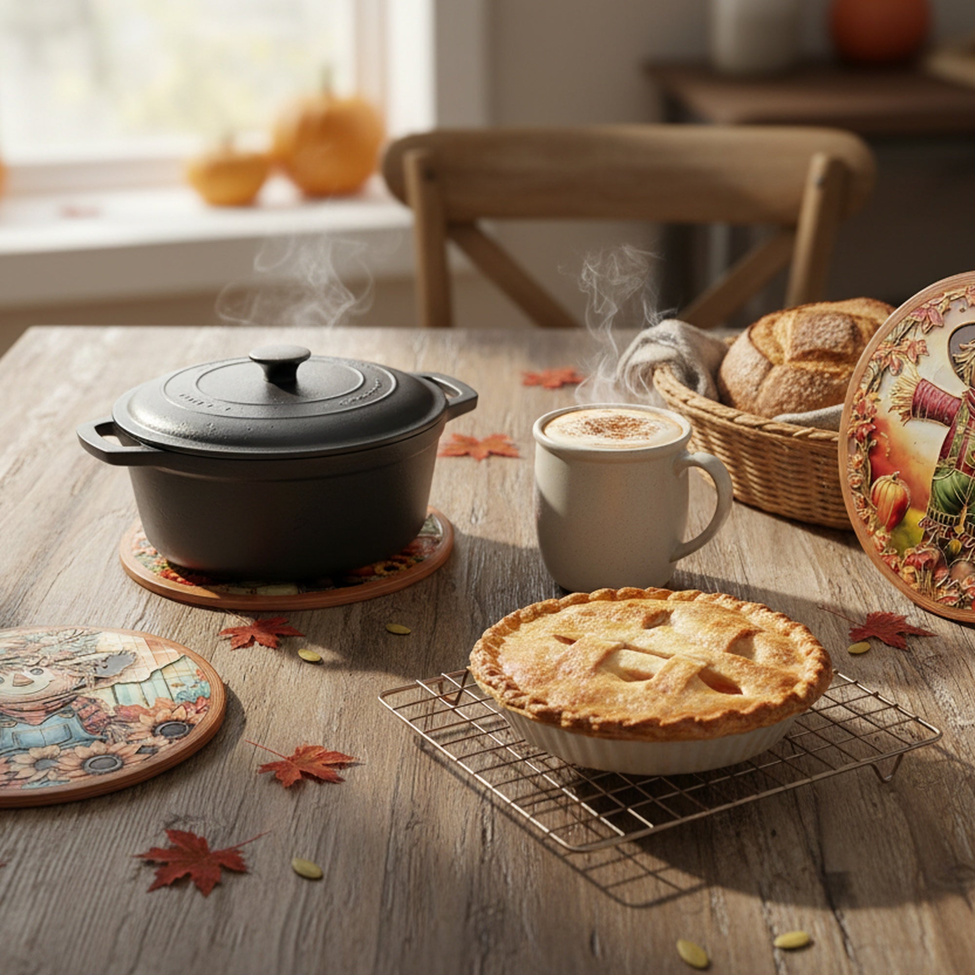 8" Round Ceramic Trivet with Gold Foil Scarecrow Assorted, Fall Harvest, Holiday Decor- Set of 4