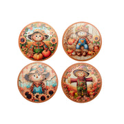 8" Round Ceramic Trivet with Gold Foil Scarecrow Assorted, Fall Harvest, Holiday Decor- Set of 4