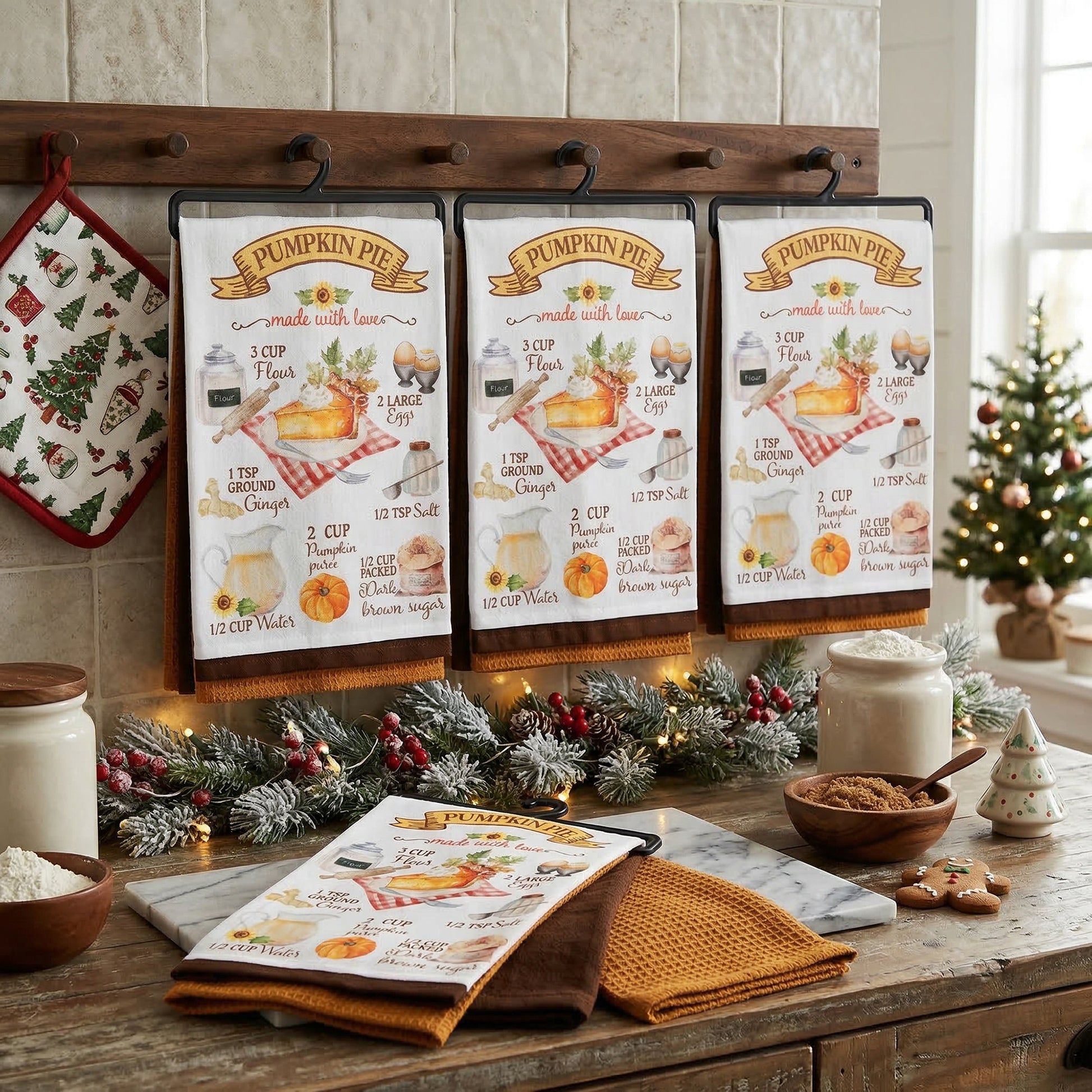 Kitchen Towel Set of 3 Piece Pumpkin Pie/Solid/Waffle, Fall Harvest, Kitchen Towel, Holiday Decor