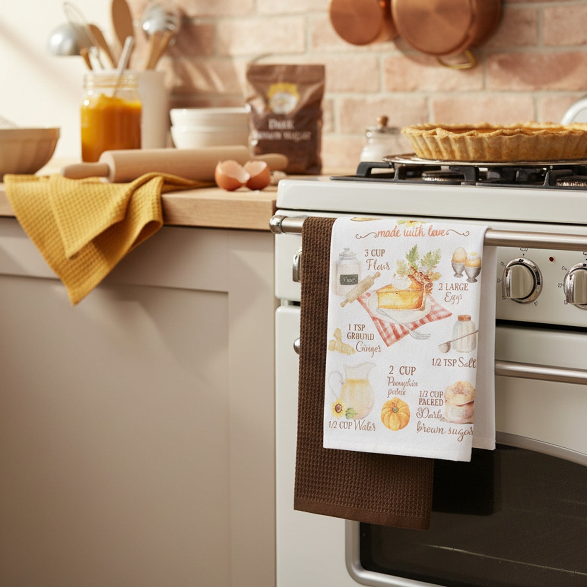Kitchen Towel Set of 3 Piece Pumpkin Pie/Solid/Waffle, Fall Harvest, Kitchen Towel, Holiday Decor