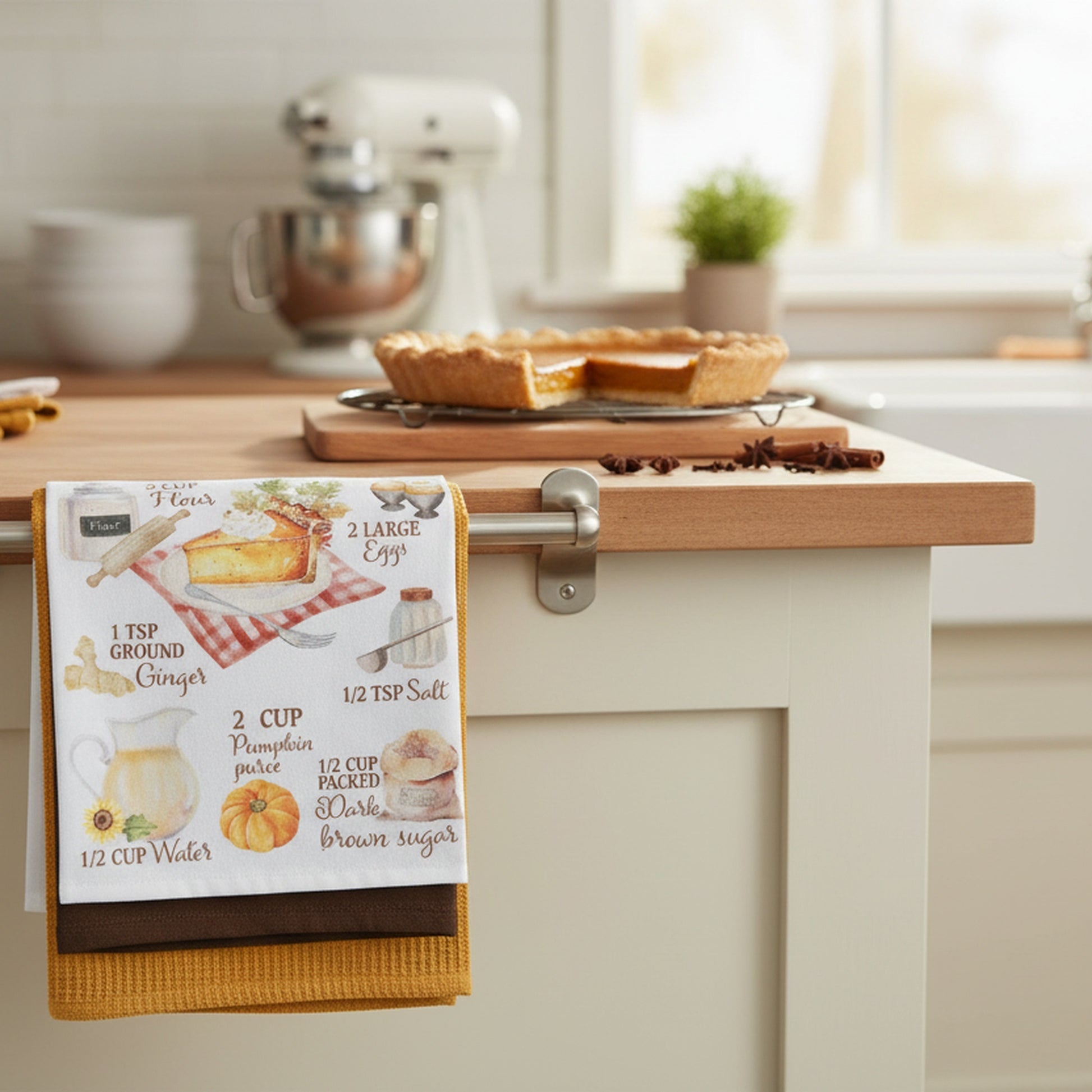 Kitchen Towel Set of 3 Piece Pumpkin Pie/Solid/Waffle, Fall Harvest, Kitchen Towel, Holiday Decor
