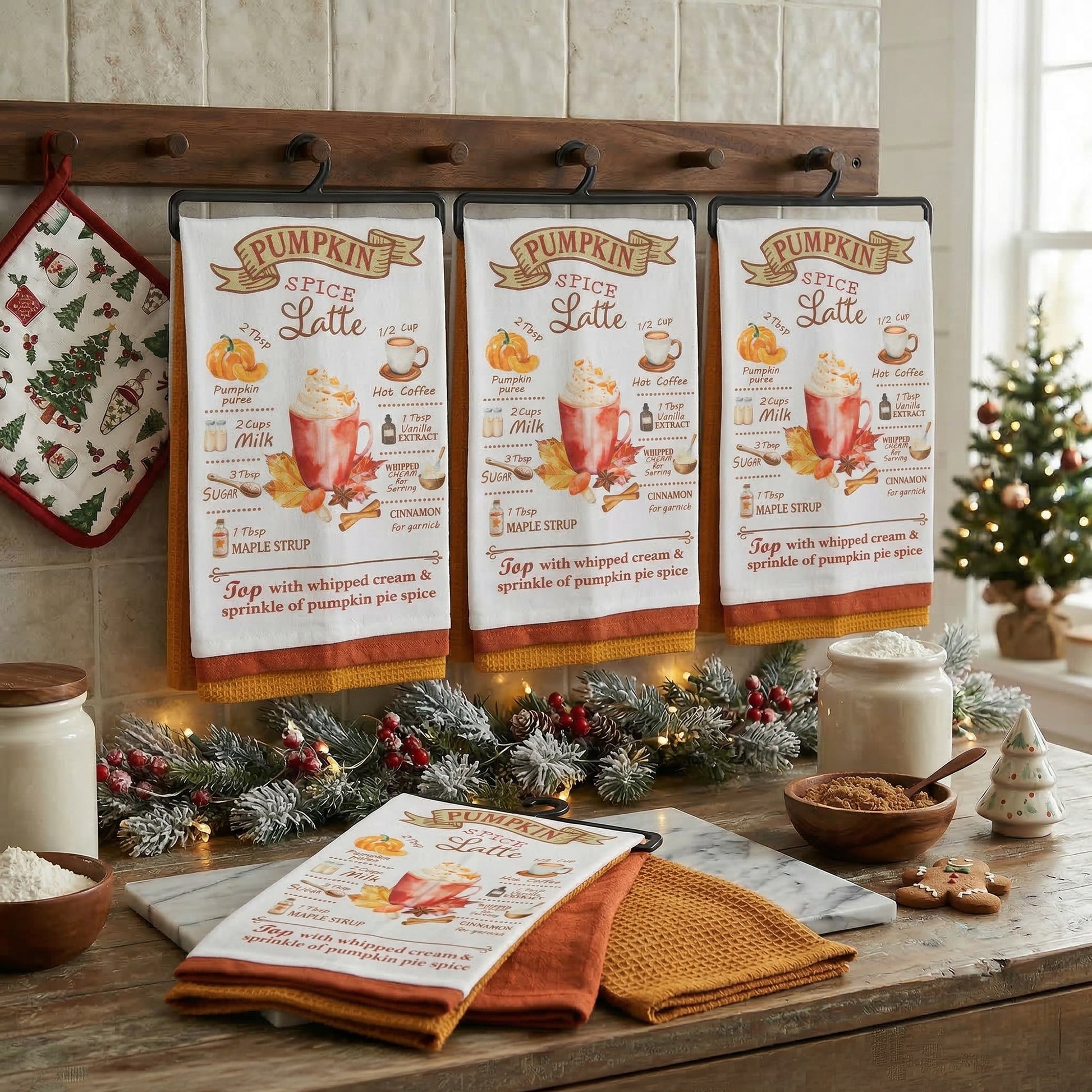 Kitchen Towel Set of 3 Piece Pumpkin Latte/Solid/Waffle, Fall Harvest, Kitchen Towel, Holiday Decor
