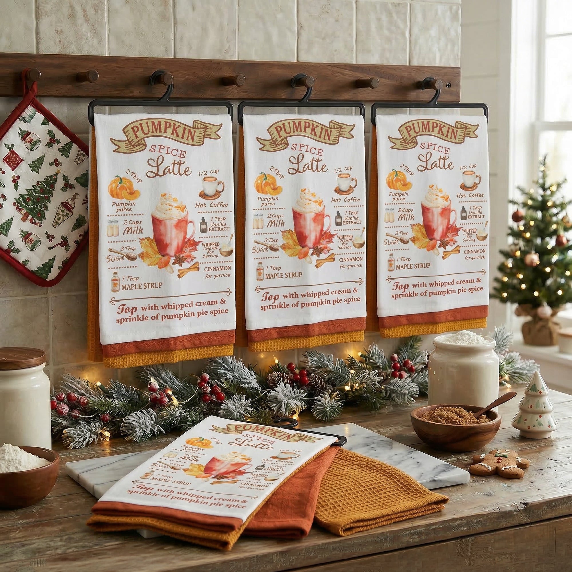 Kitchen Towel Set of 3 Piece Pumpkin Latte/Solid/Waffle, Fall Harvest, Kitchen Towel, Holiday Decor