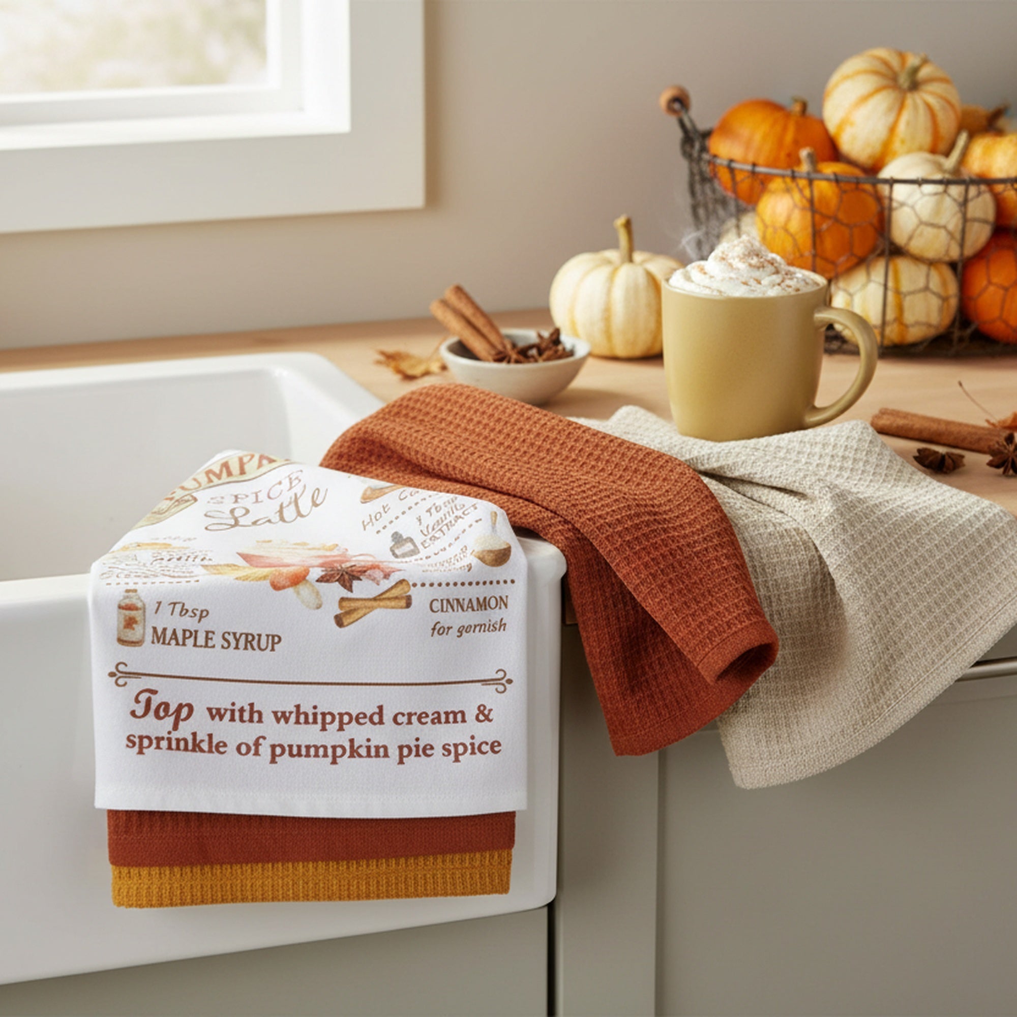 Kitchen Towel Set of 3 Piece Pumpkin Latte/Solid/Waffle, Fall Harvest, Kitchen Towel, Holiday Decor