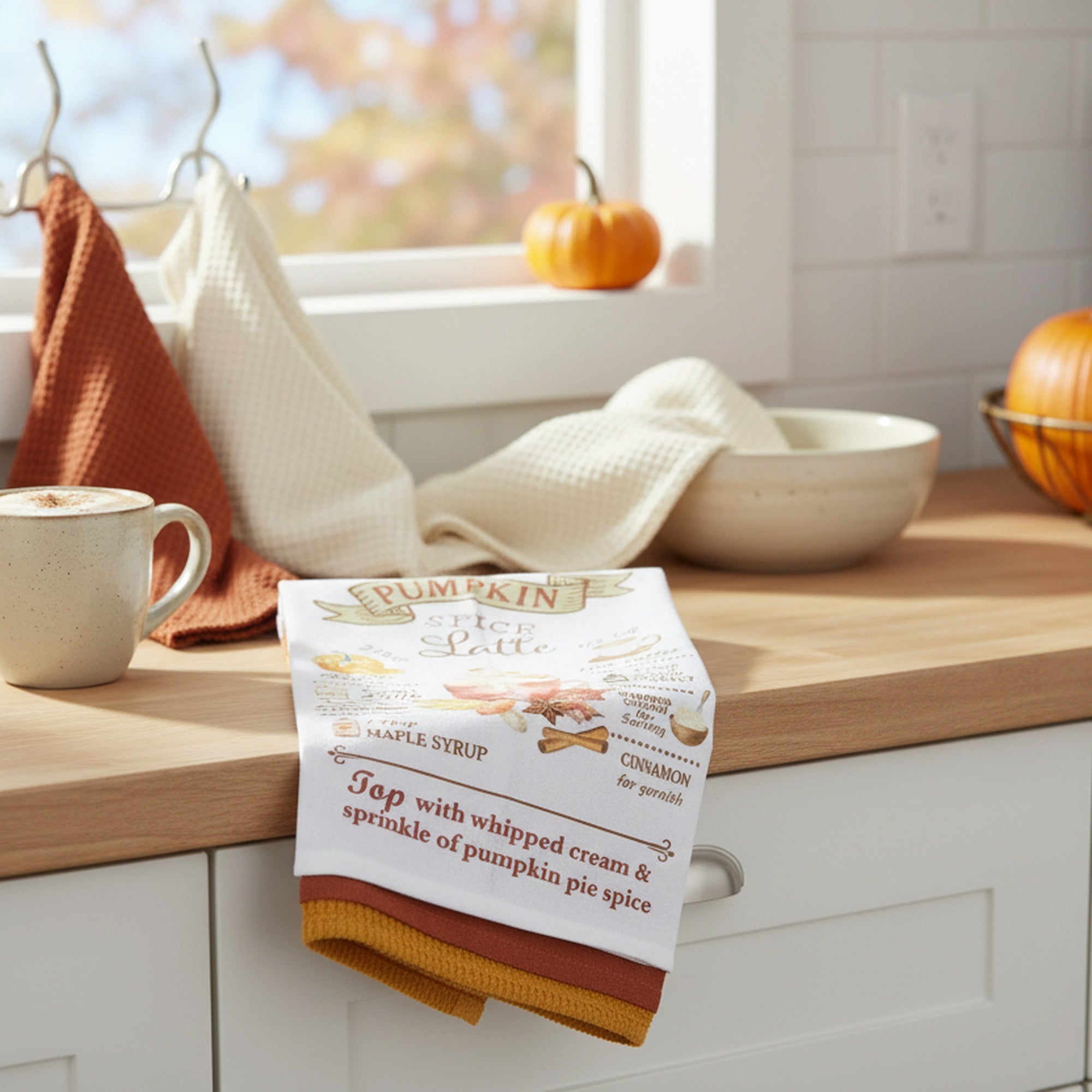 Kitchen Towel Set of 3 Piece Pumpkin Latte/Solid/Waffle, Fall Harvest, Kitchen Towel, Holiday Decor