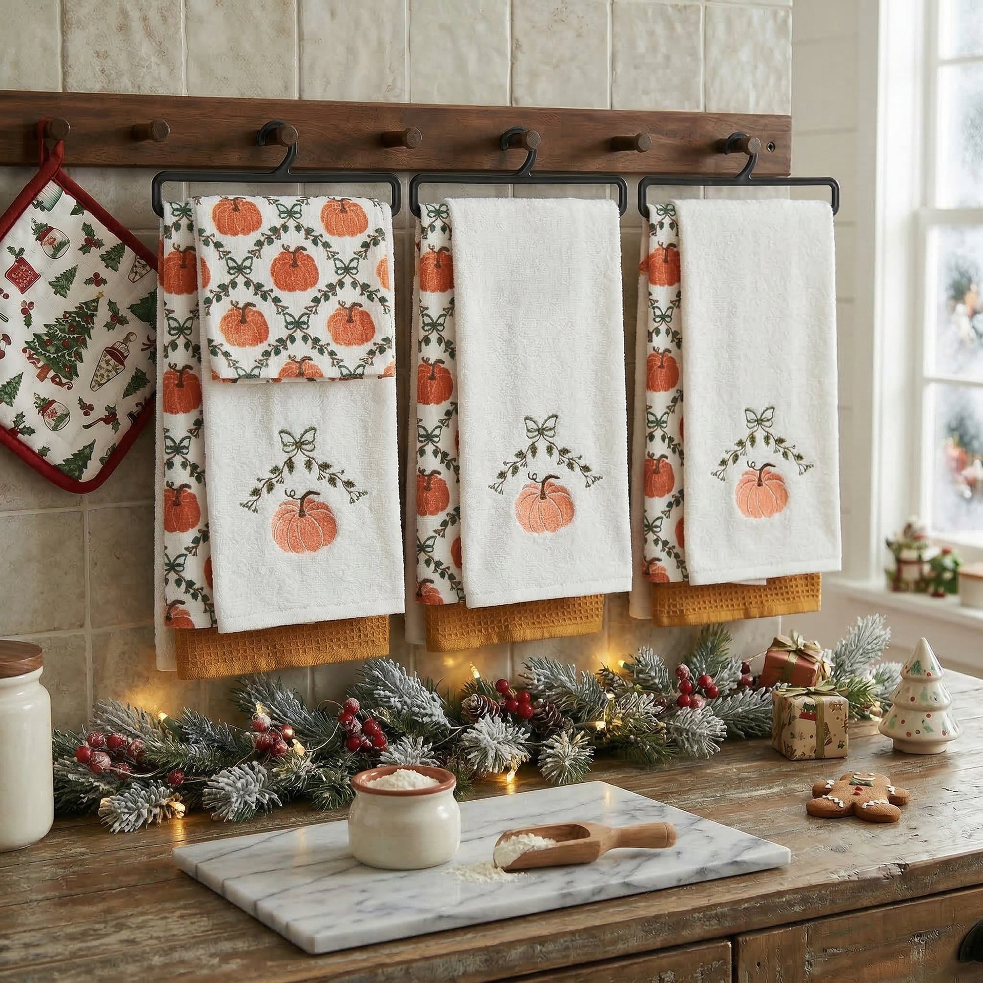 Embroidery Hand Towel Set of 2 Pumpkin, Fall Harvest, Kitchen Towel, Holiday Decor