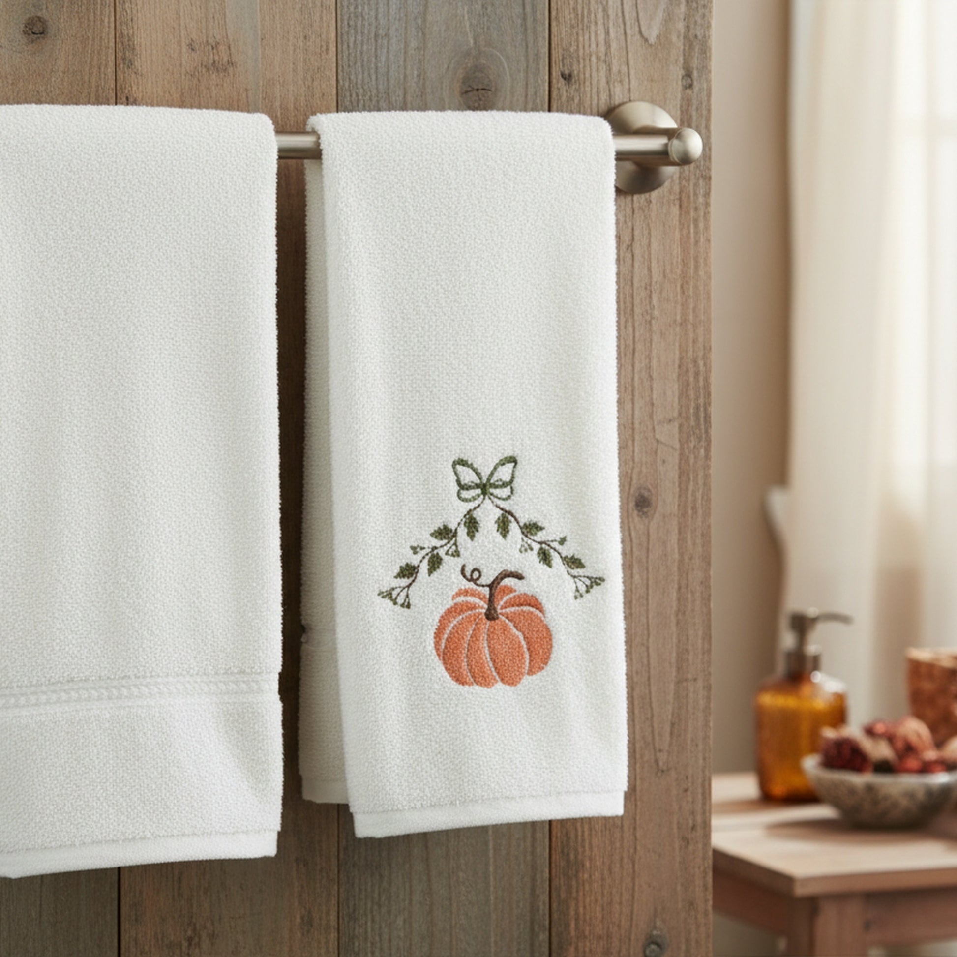 Embroidery Hand Towel Set of 2 Pumpkin, Fall Harvest, Kitchen Towel, Holiday Decor
