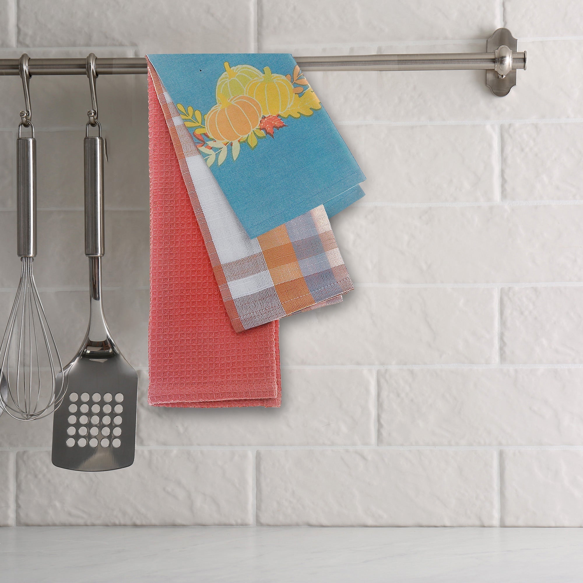 Dish Cloth Set of 2 (3-Piece) Plaid with Pumpkin Patch – Halloween & Fall Kitchen Linen, Holiday Dish Cleaning Cloth