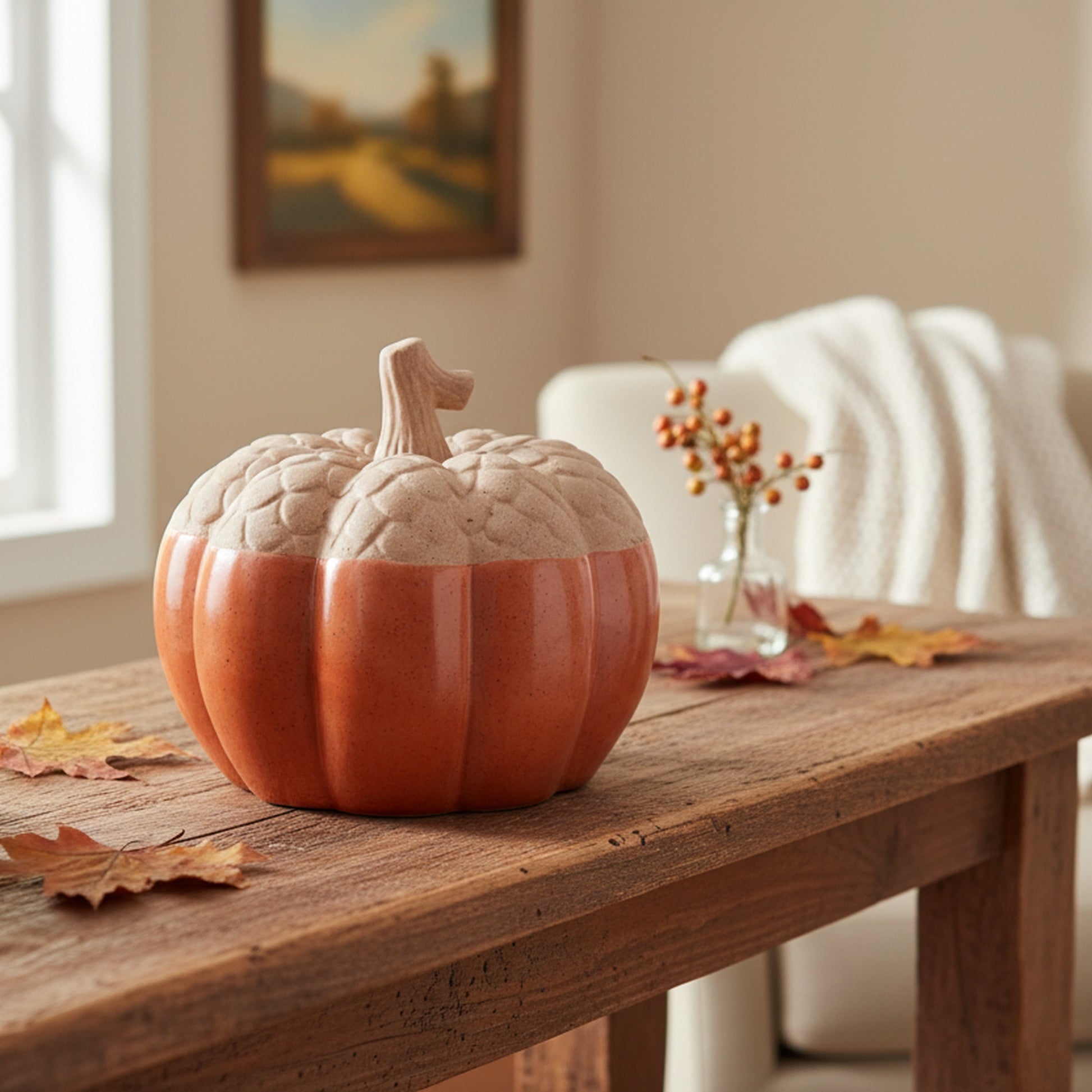 Ceramic Orange and White Pumpkin Decor, Fall Harvest, Holiday Decor