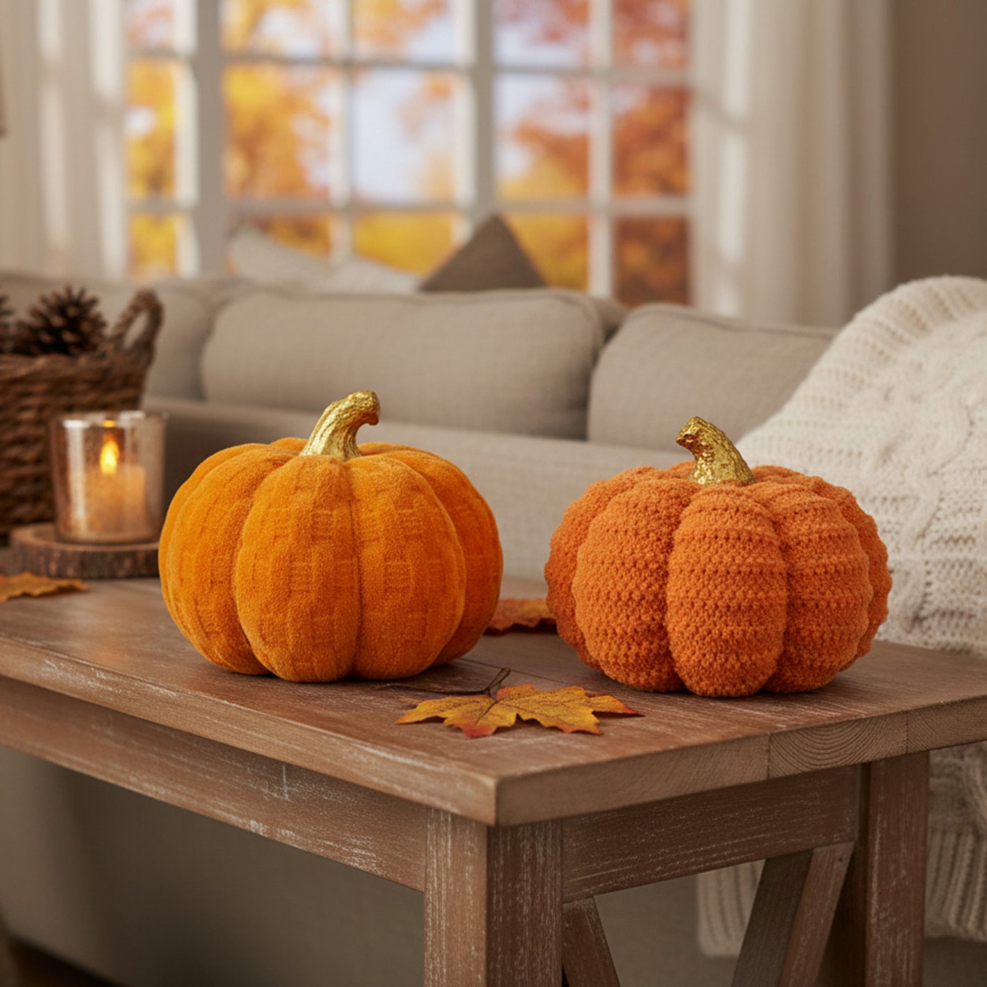 Flocked Polyresin Pumpkin Assorted, Fall Harvest, Holiday Decor- Set of 2