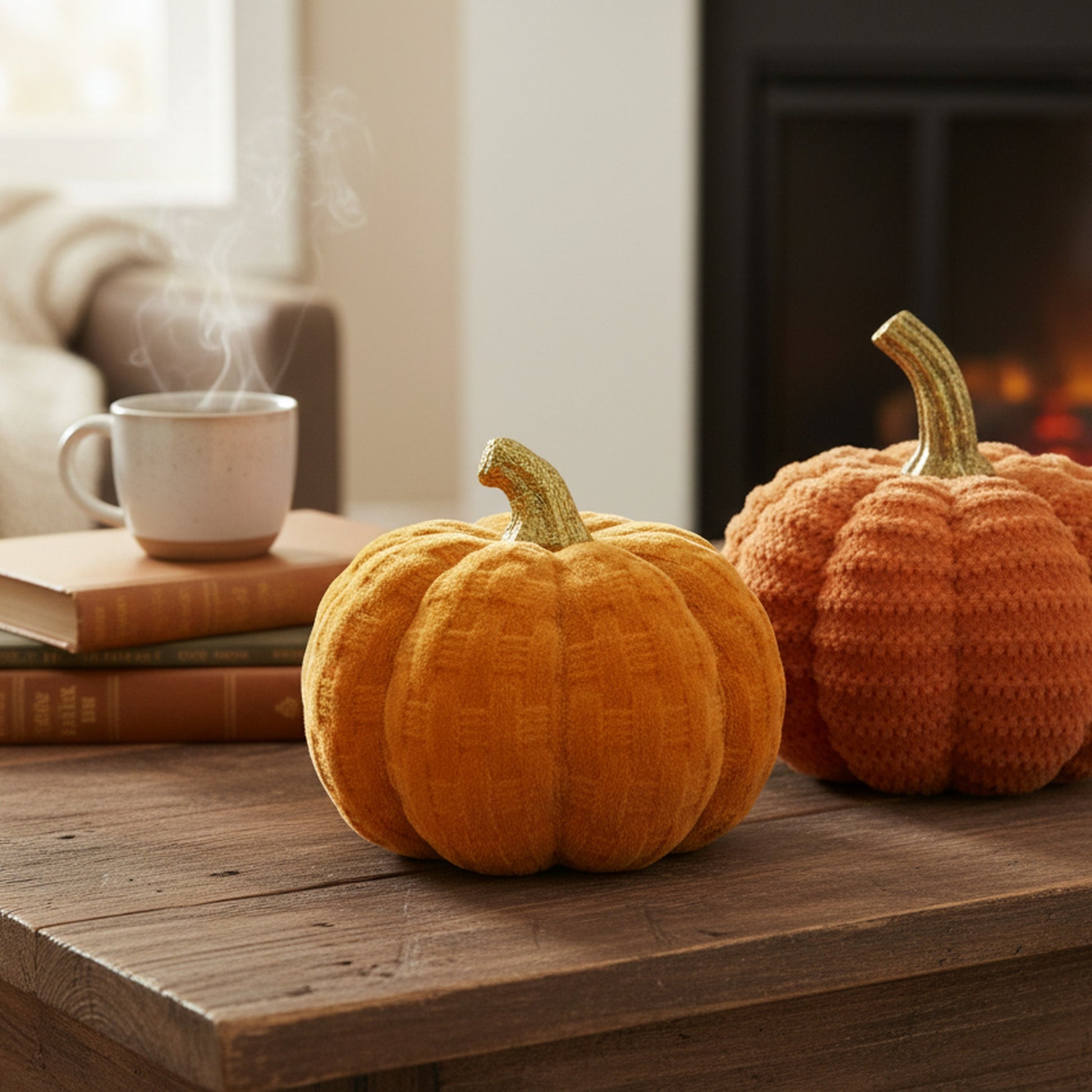 Flocked Polyresin Pumpkin Assorted, Fall Harvest, Holiday Decor- Set of 2