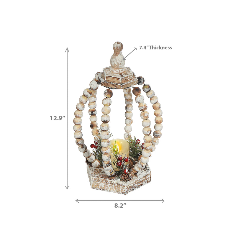 Led Wood Beaded Pumpkin Open Lantern