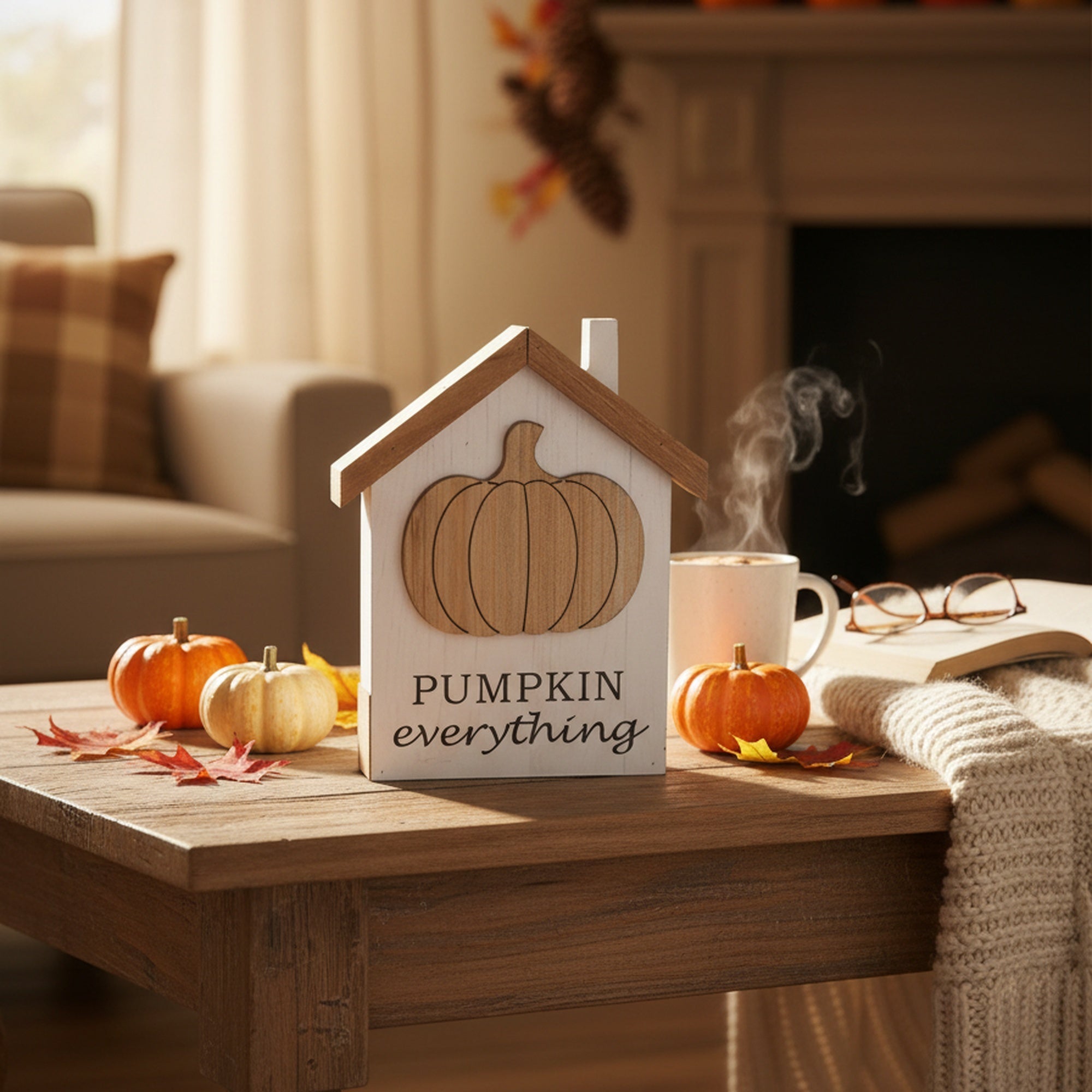 MDF Tabletop House with 3D Pumpkin Icon, Fall Harvest, Holiday Decor- Set of 2