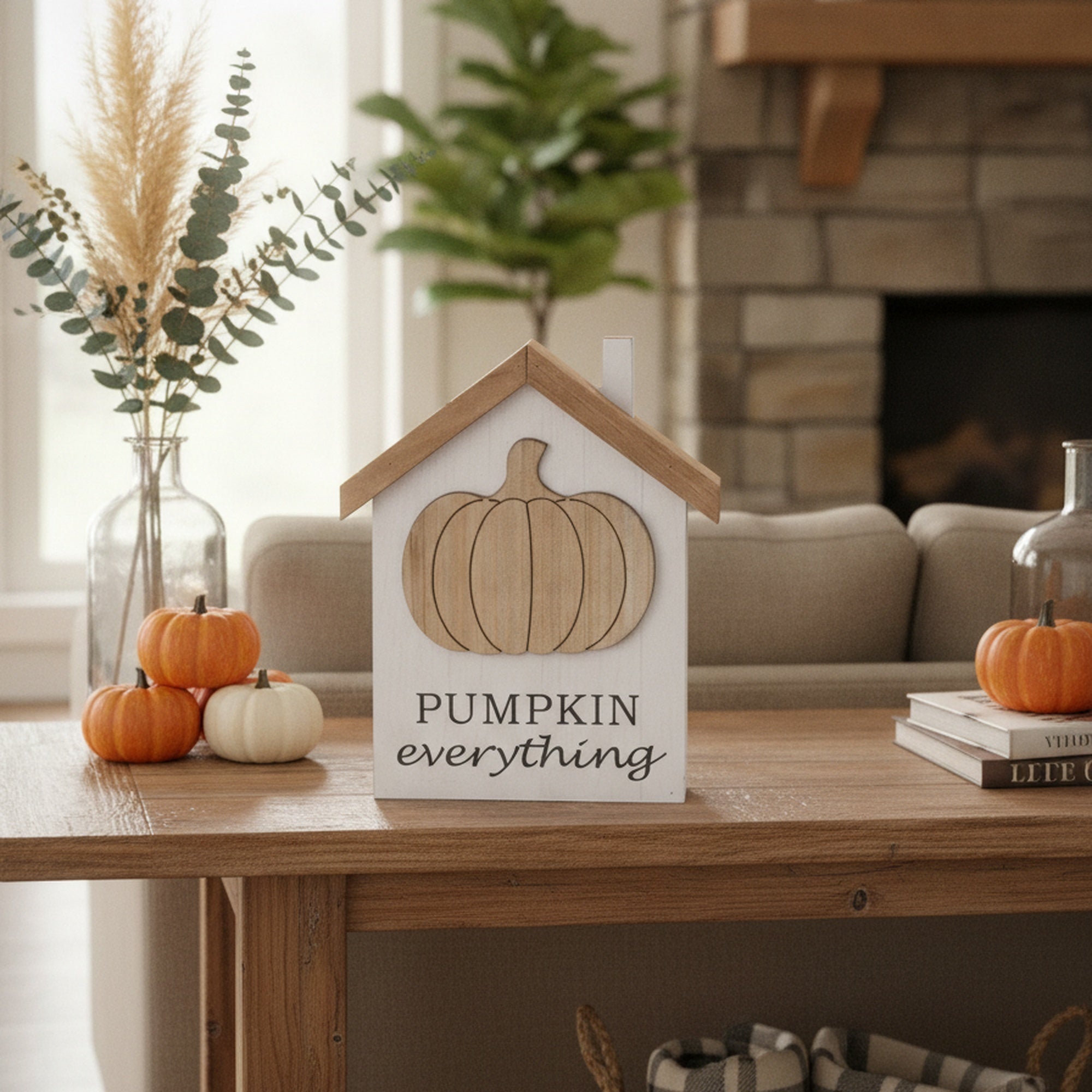 MDF Tabletop House with 3D Pumpkin Icon, Fall Harvest, Holiday Decor- Set of 2