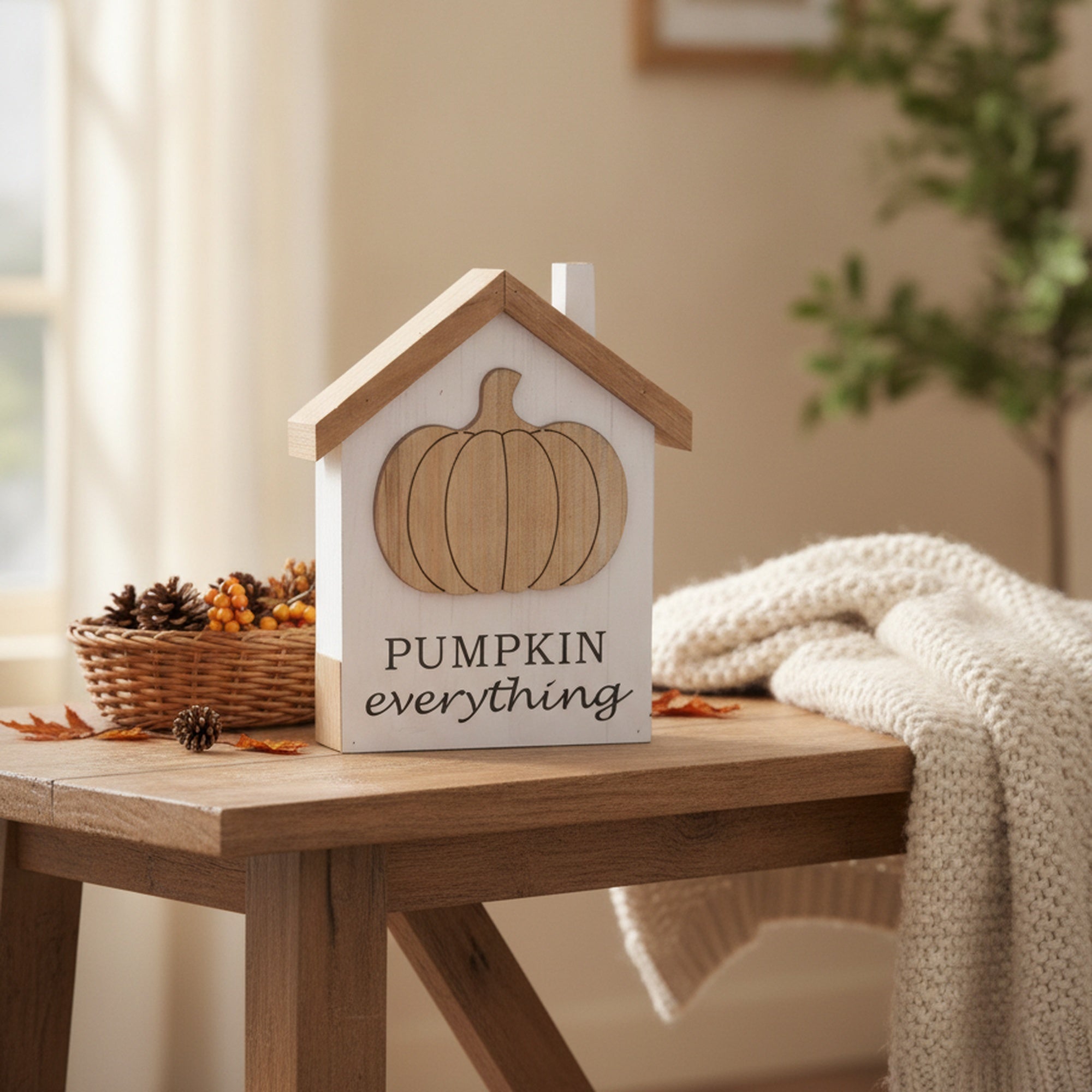 MDF Tabletop House with 3D Pumpkin Icon, Fall Harvest, Holiday Decor- Set of 2