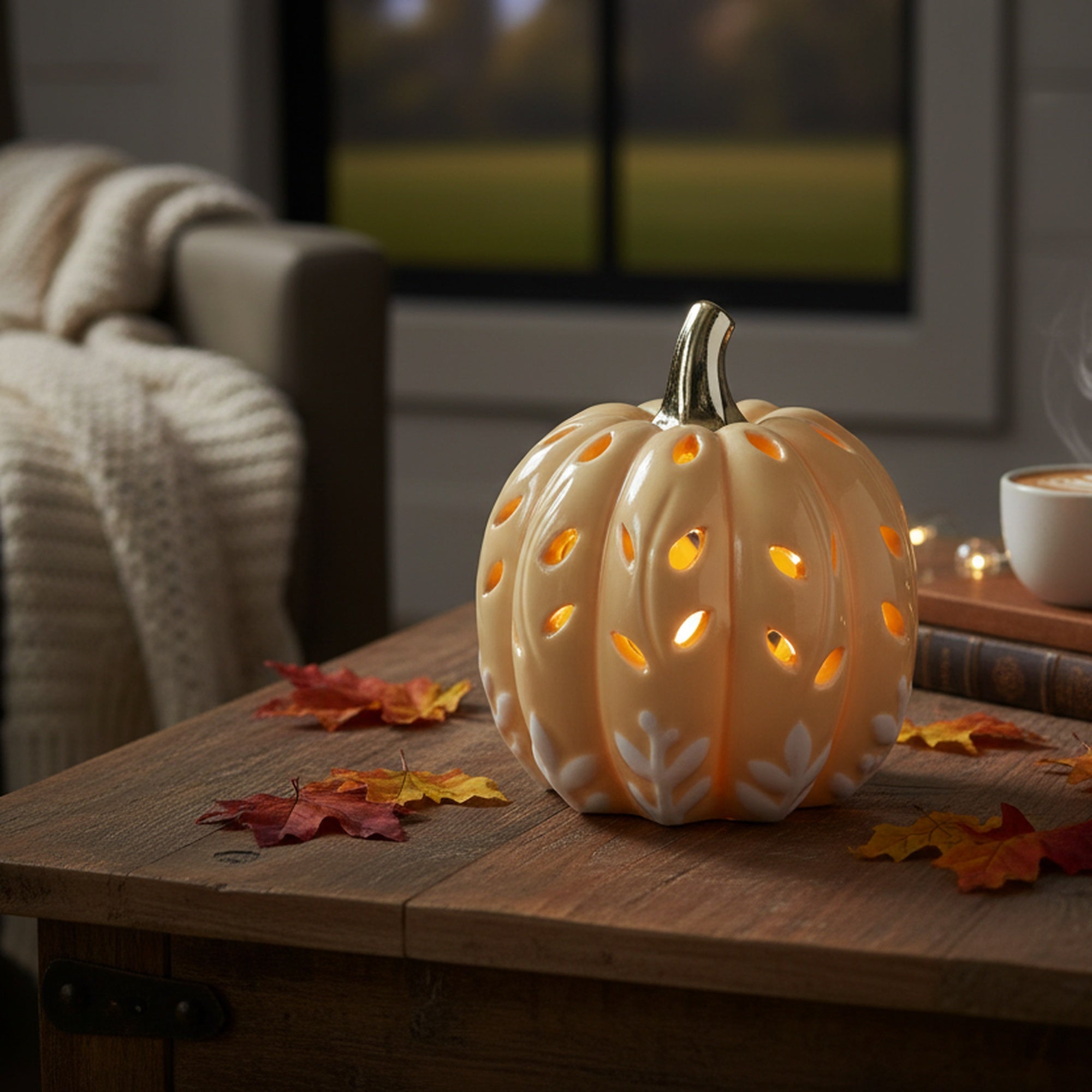 LED Dolomite Pumpkin with Cut-Out Orange, Fall Harvest, Holiday Decor
