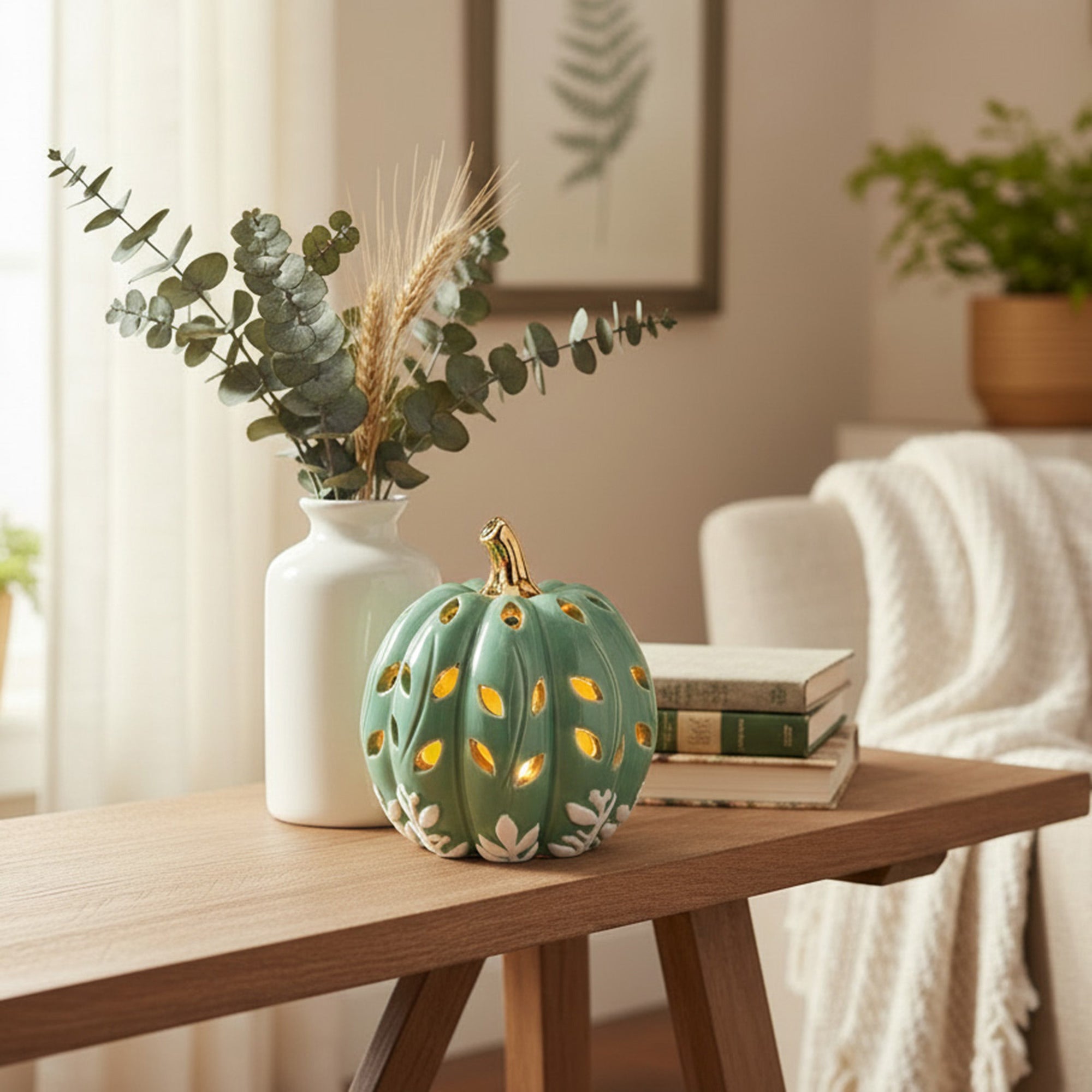 LED Dolomite Pumpkin with Cut-Out Green, Fall Harvest, Holiday Decor
