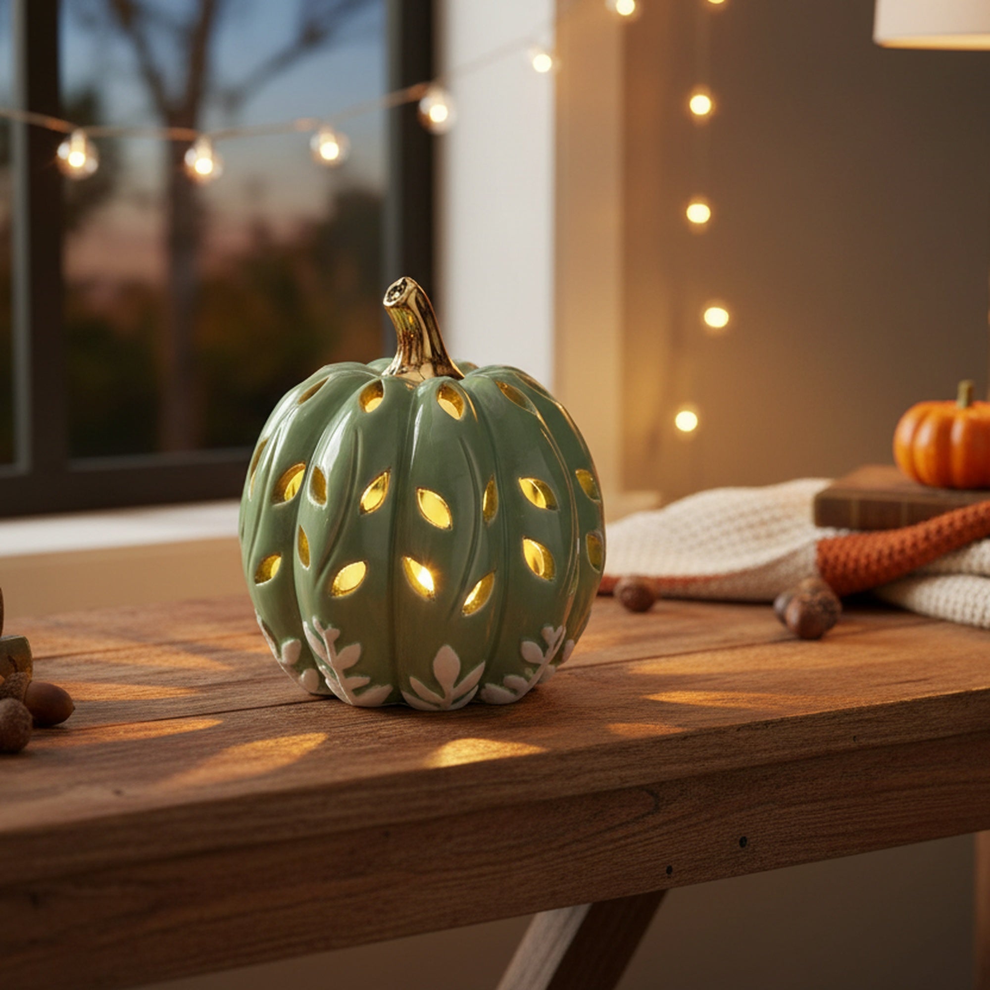 LED Dolomite Pumpkin with Cut-Out Green, Fall Harvest, Holiday Decor