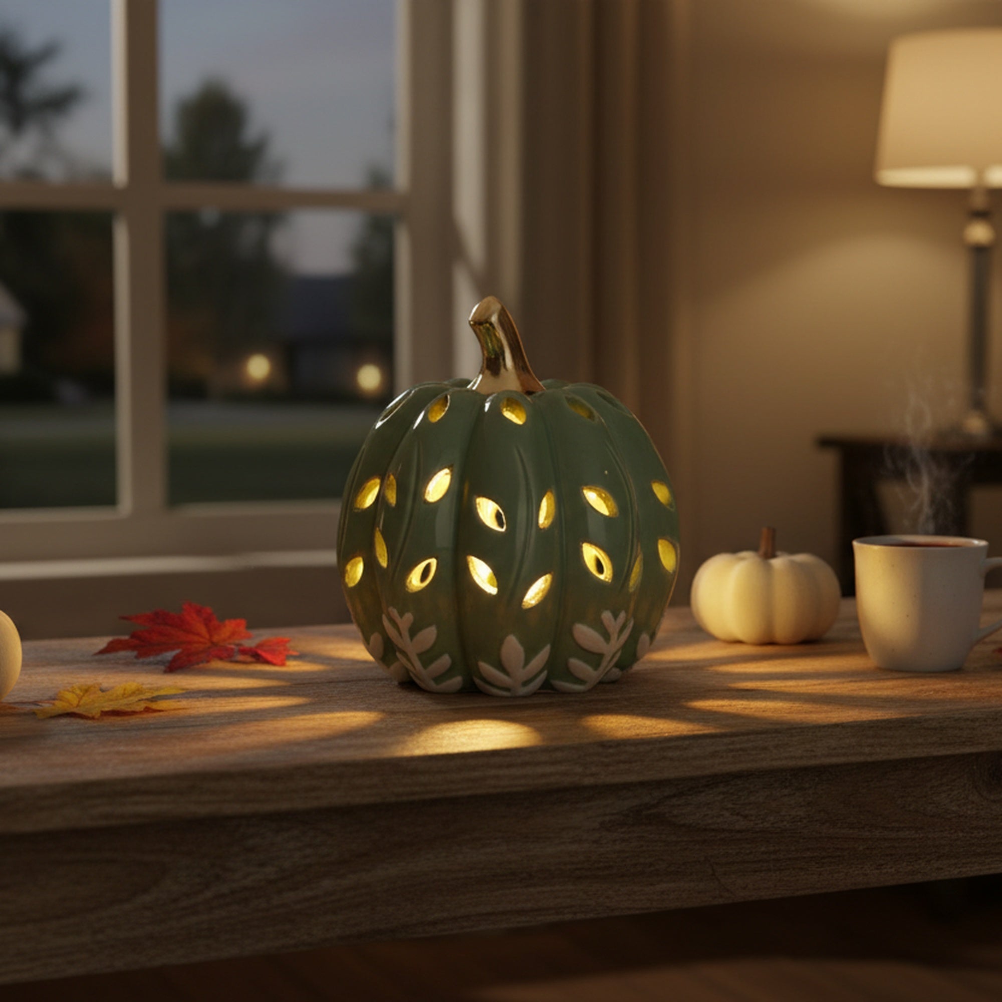 LED Dolomite Pumpkin with Cut-Out Green, Fall Harvest, Holiday Decor