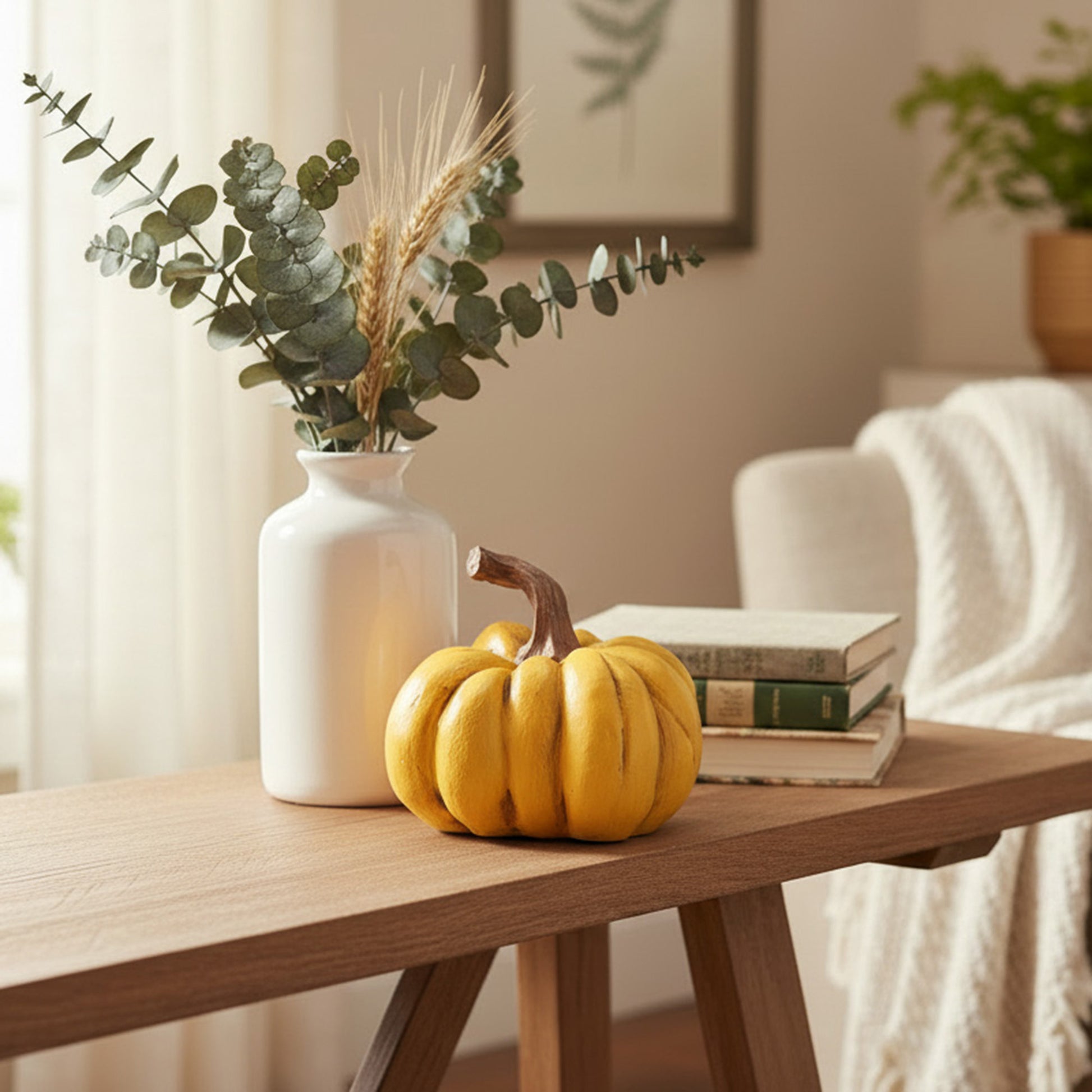Polyresin Sculpted Pumpkin Yellow, Fall Harvest, Holiday Decor