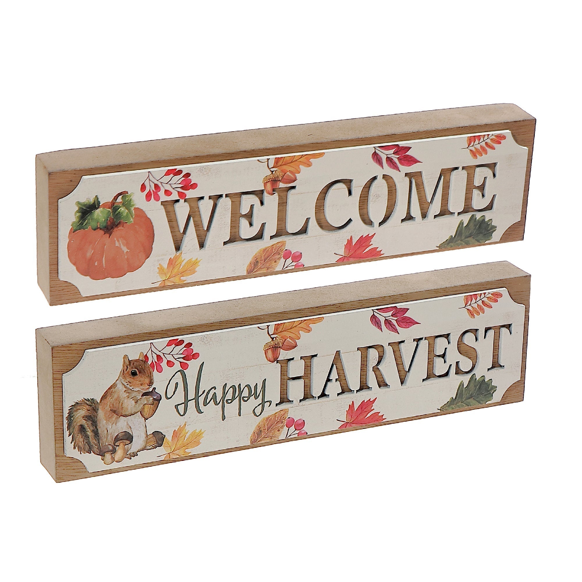 Rectangular Block Sign Set of 2 Harvest/Welcome – Fall/Autumn Wall/Tabletop Decor, Rustic Seasonal Accent