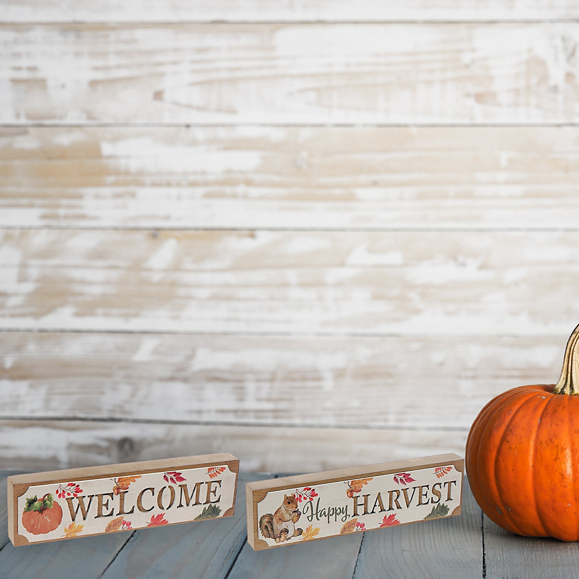 Rectangular Block Sign Set of 2 Harvest/Welcome – Fall/Autumn Wall/Tabletop Decor, Rustic Seasonal Accent