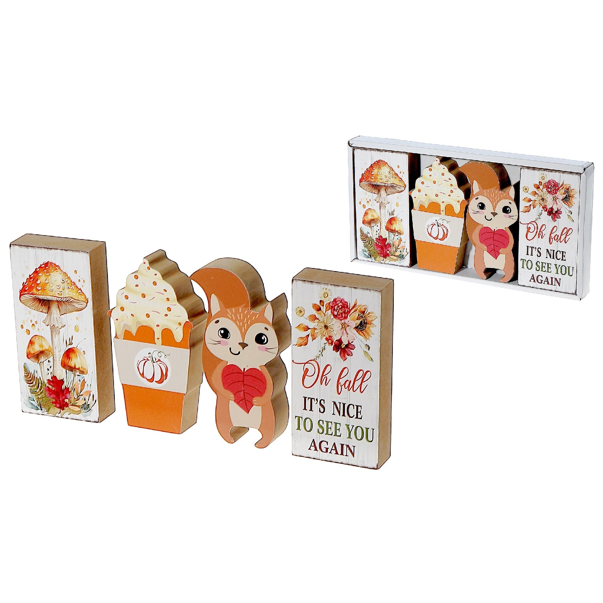 4-Piece Block Set Oh Fall It's Nice to See You Again – Fall Tabletop Decoration, Autumn Accent, Rustic Seasonal Decor