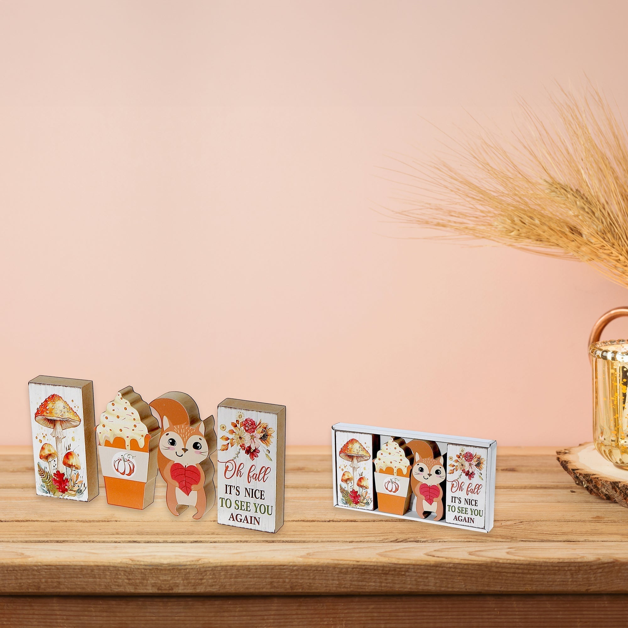 4-Piece Block Set Oh Fall It's Nice to See You Again – Fall Tabletop Decoration, Autumn Accent, Rustic Seasonal Decor