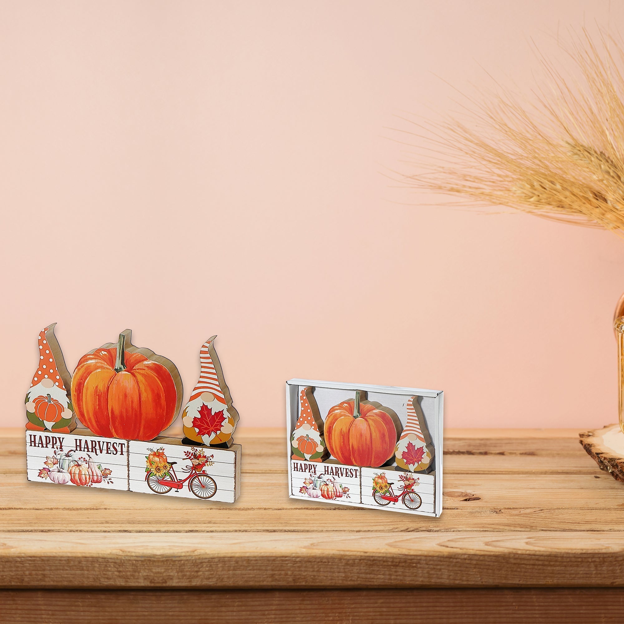 5-Piece Block Set Gnomes and Pumpkin – Fall Tabletop Decoration, Autumn Accent, Rustic Seasonal Decor
