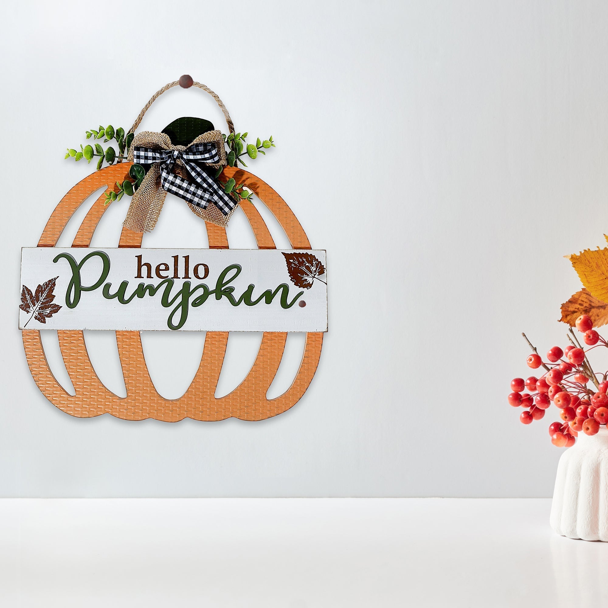 Wooden Pumpkin Wall Hanger Hello Pumpkin – Fall Decor, Autumn Home Decoration, Rustic Halloween/Thanksgiving Wall Art, Seasonal Wall Accent