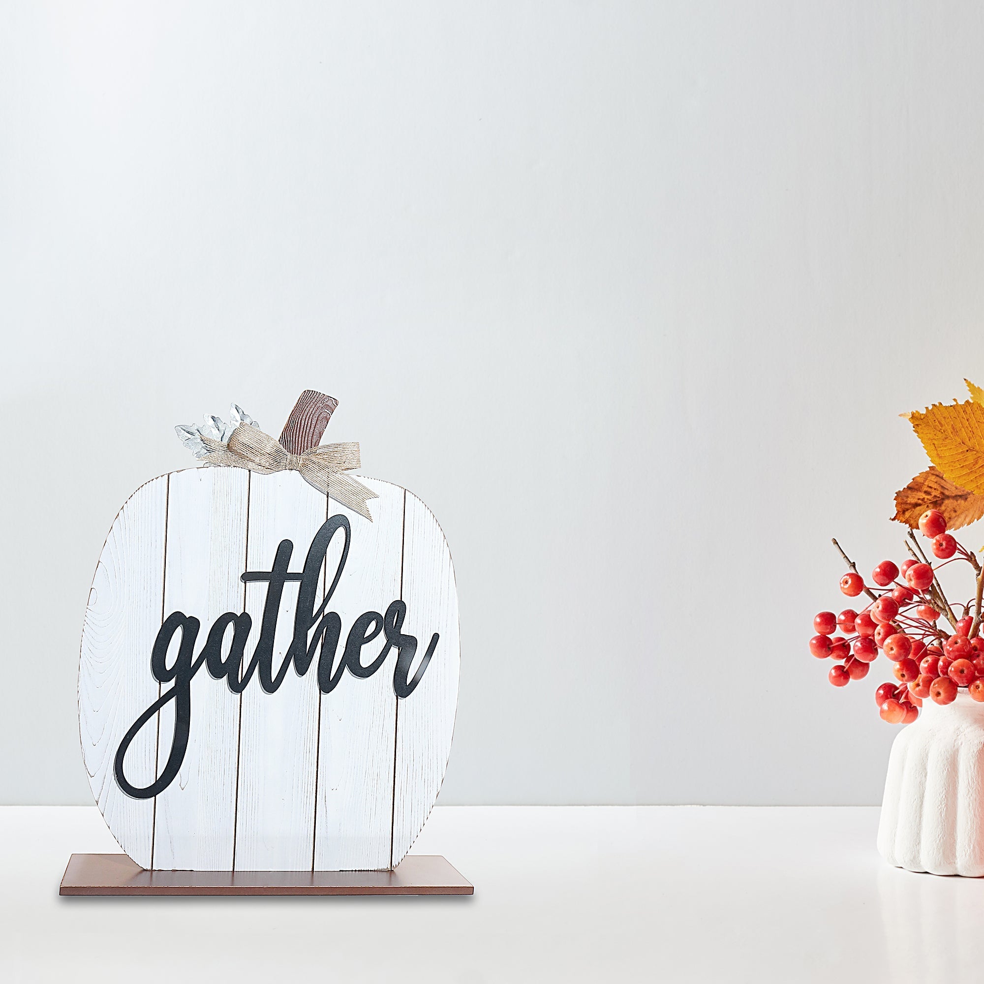Wooden White Pumpkin Stand Gather – Fall/Autumn Tabletop Decoration, Rustic Seasonal Accent, Thanksgiving Home Decor