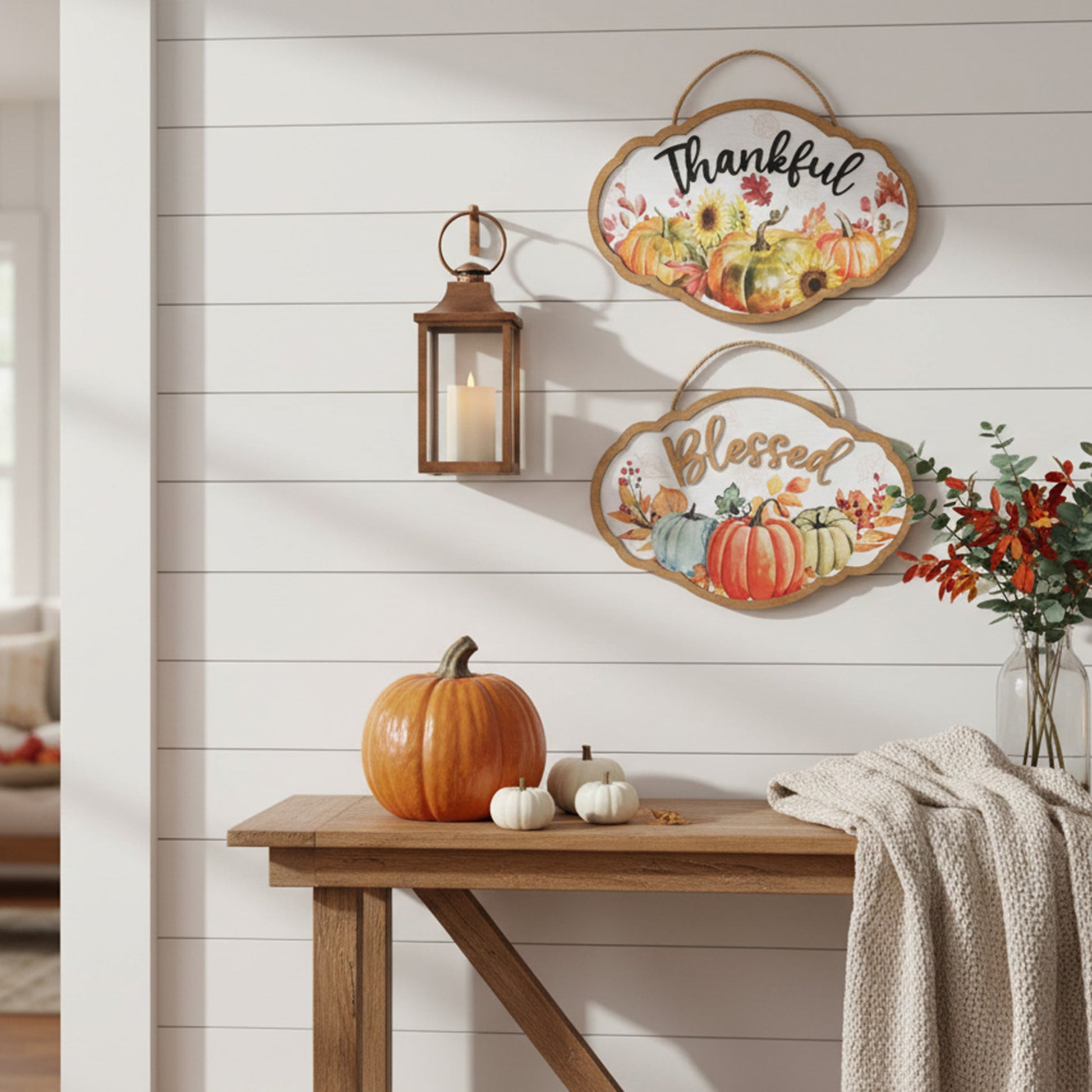 MDF Wall Hanger Pumpkin Thankful/Blessed Assorted, Fall Harvest, Wall Decor, Holiday Decor- Set of 2