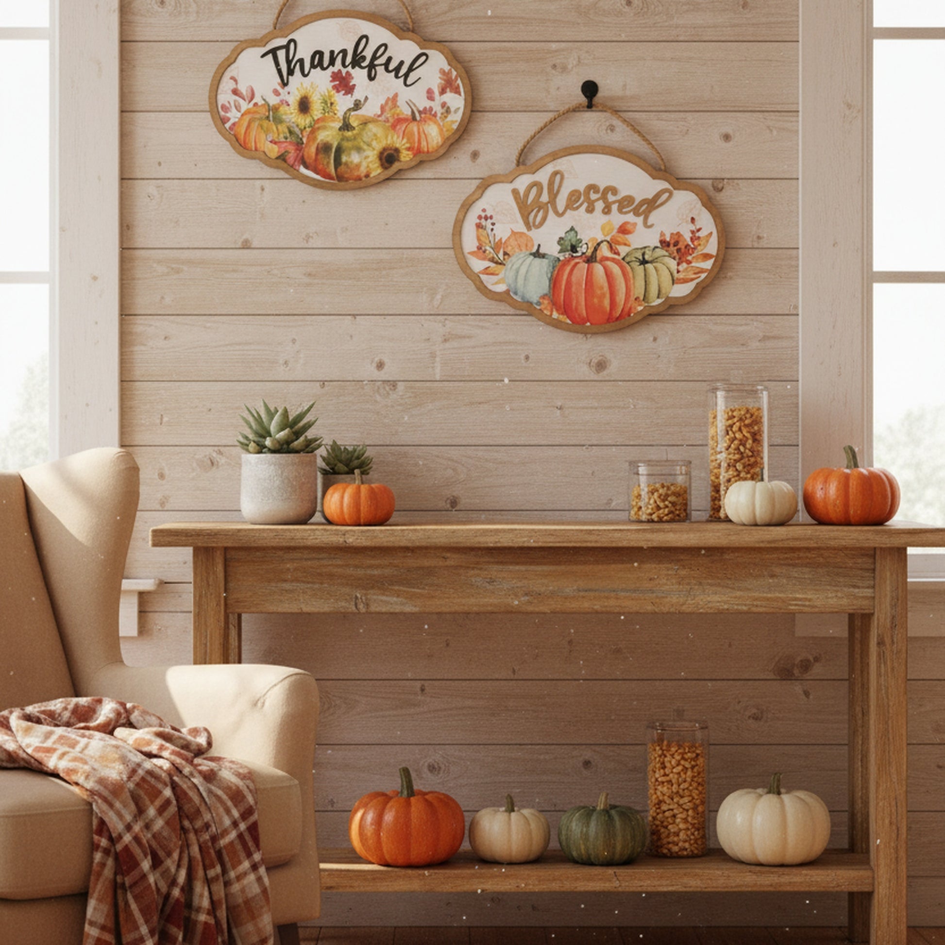 MDF Wall Hanger Pumpkin Thankful/Blessed Assorted, Fall Harvest, Wall Decor, Holiday Decor- Set of 2