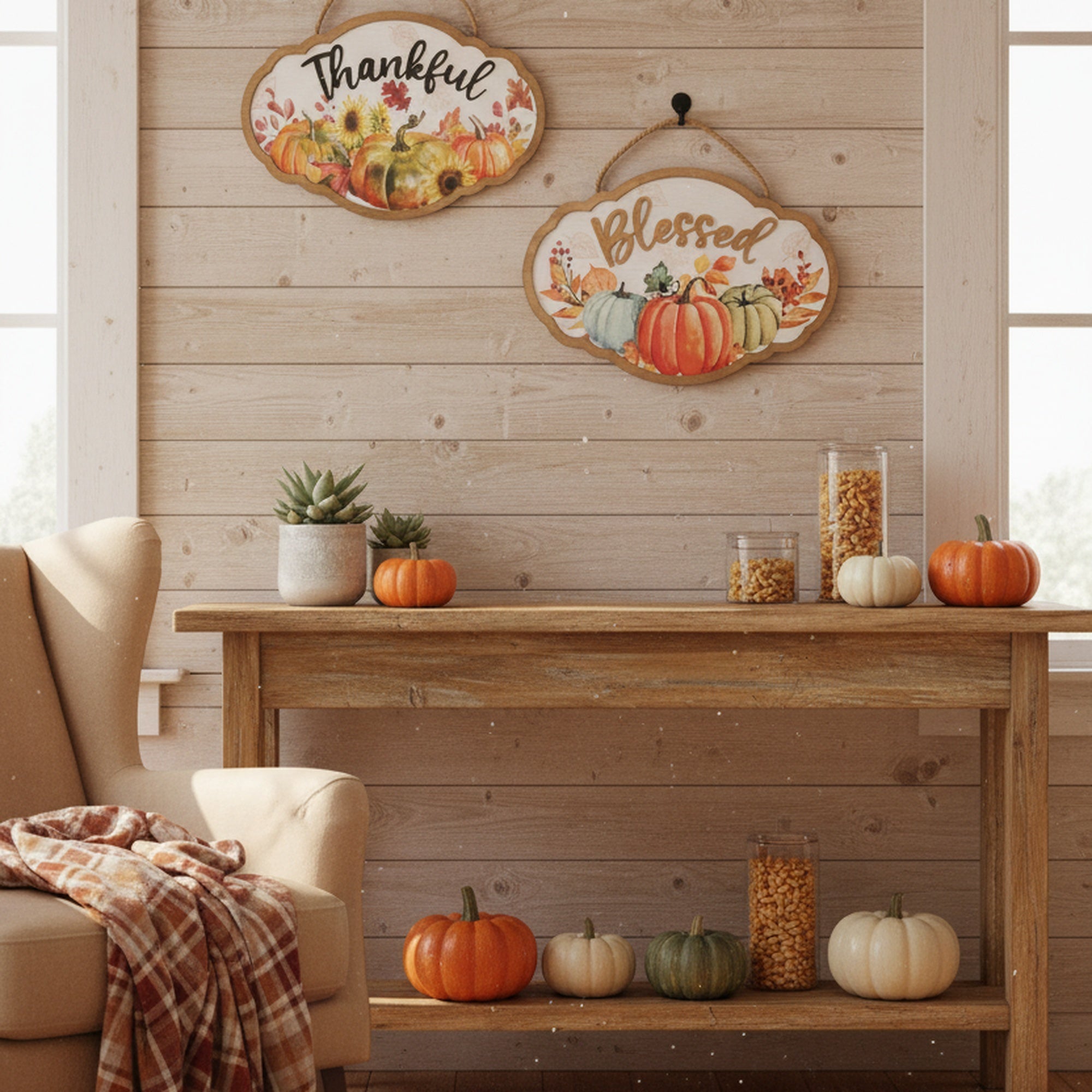 MDF Wall Hanger Pumpkin Thankful/Blessed Assorted, Fall Harvest, Wall Decor, Holiday Decor- Set of 2