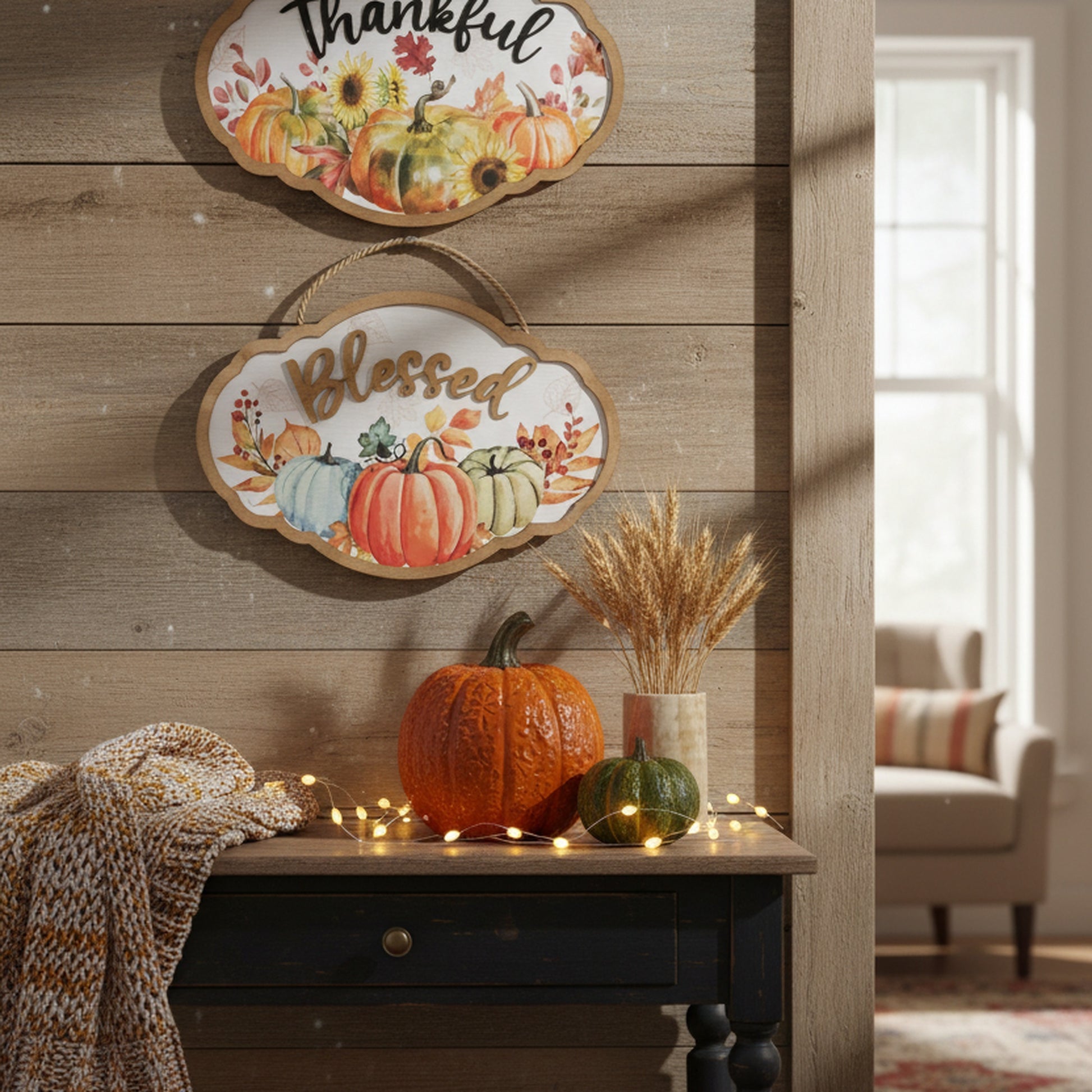 MDF Wall Hanger Pumpkin Thankful/Blessed Assorted, Fall Harvest, Wall Decor, Holiday Decor- Set of 2