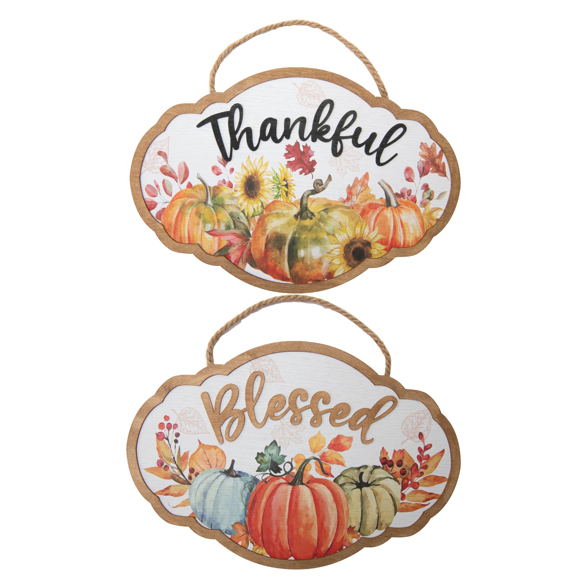 MDF Wall Hanger Pumpkin Thankful/Blessed Assorted, Fall Harvest, Wall Decor, Holiday Decor- Set of 2