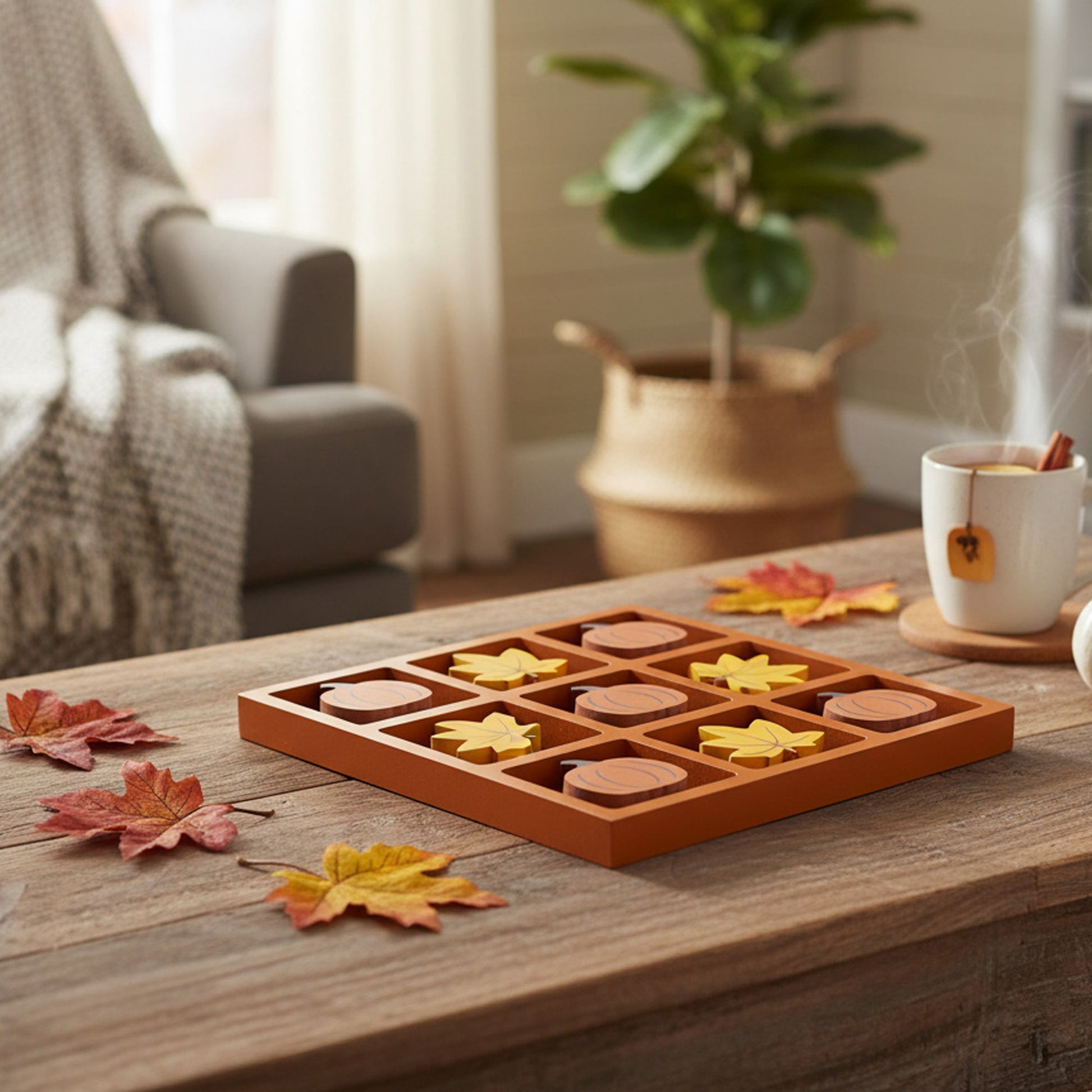 Wooden Tic Tac Toe Gameboard Pumpkin and Maple Leaf, Fall Harvest, Holiday Decor