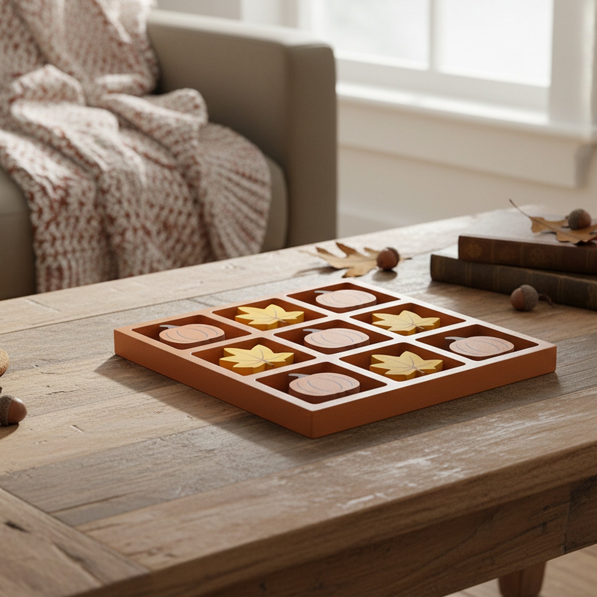 Wooden Tic Tac Toe Gameboard Pumpkin and Maple Leaf, Fall Harvest, Holiday Decor
