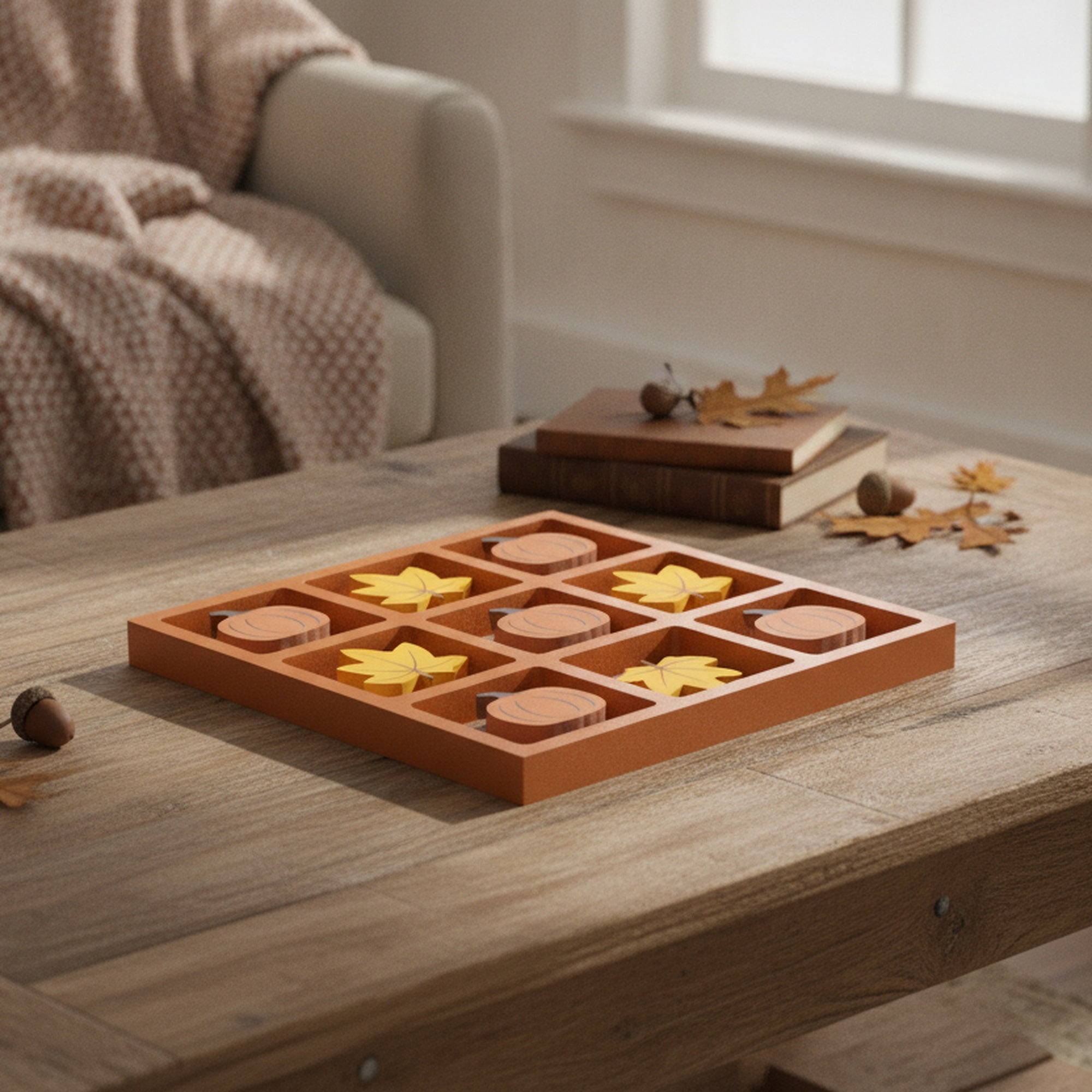 Wooden Tic Tac Toe Gameboard Pumpkin and Maple Leaf, Fall Harvest, Holiday Decor