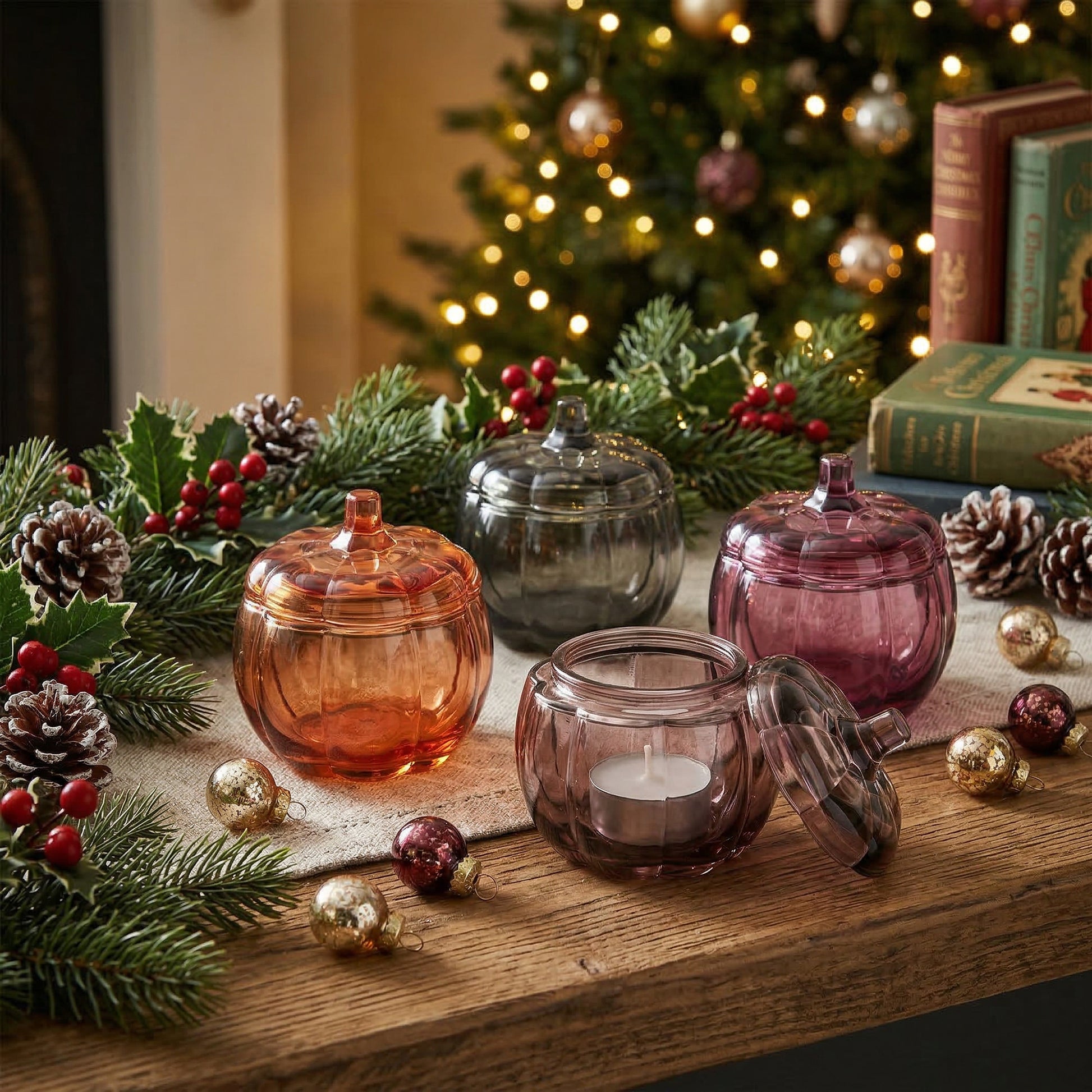 Glass Pumpkin Tealight Holder Assorted, Fall Harvest, Candle Holder, Holiday Decor- Set of 4